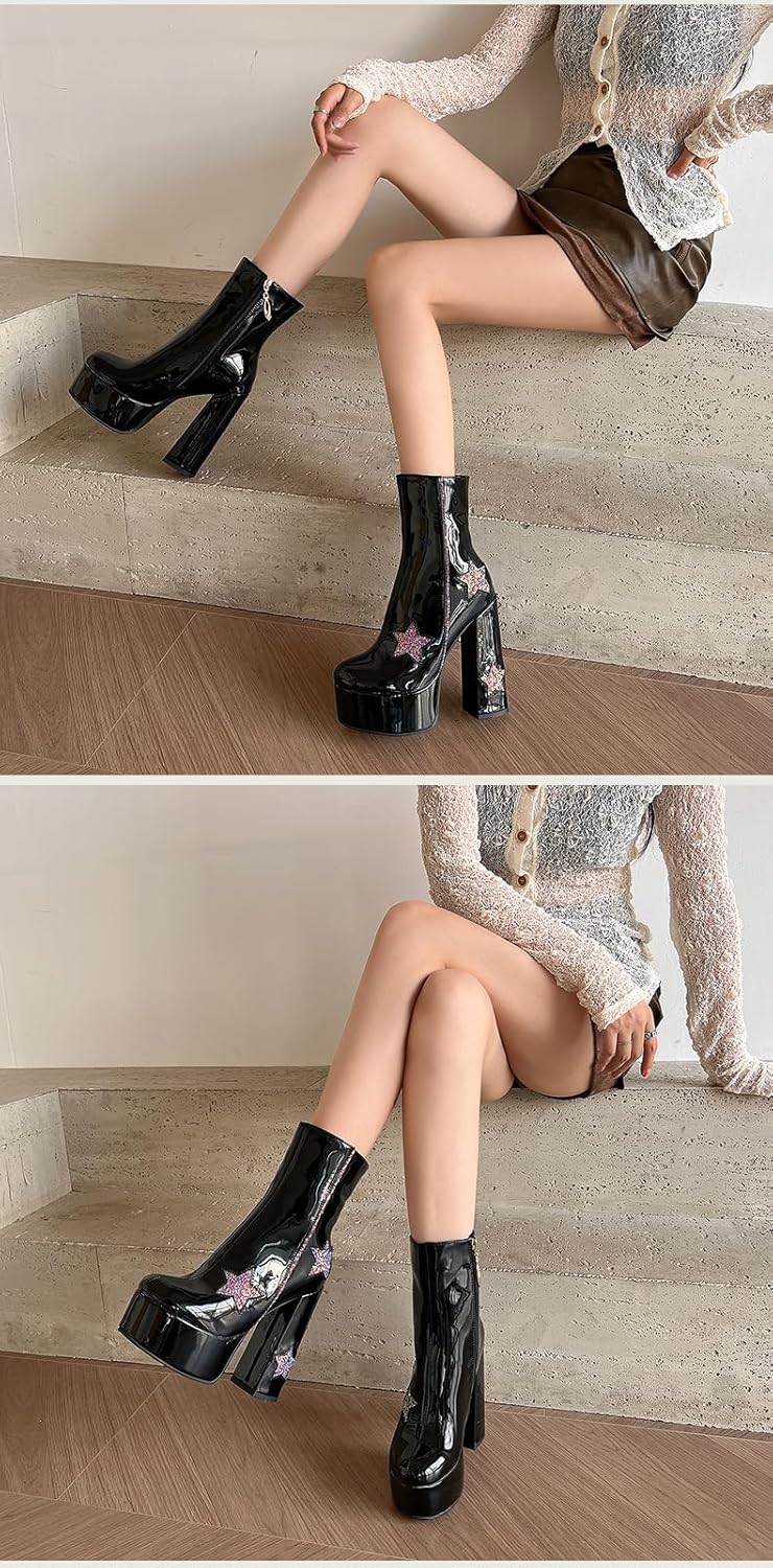 Rave Gogo Boots Cute Y2K Star Disco 70's Women Ankle, Platform Shark Moto Boots, Goth Emo Grunge Punk Retro Vintage Classy Fahsion Trendy, EDM Festivals Concert Parties Club, Christmas New Year