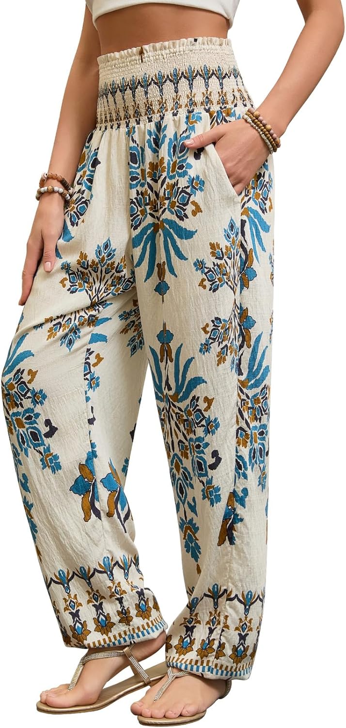 QIANXIZHAN Women's High Waist Harem Boho Pants - Flowy Hippie Yoga Capri Pants with Pockets