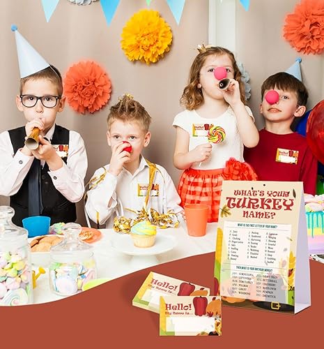 Miniatura 5 de Juego de nombre de Acción de Gracias, con texto en inglés "What's Your Turkey", paquete de 1 letrero y 30 etiquetas de nombre, juegos de fiesta de