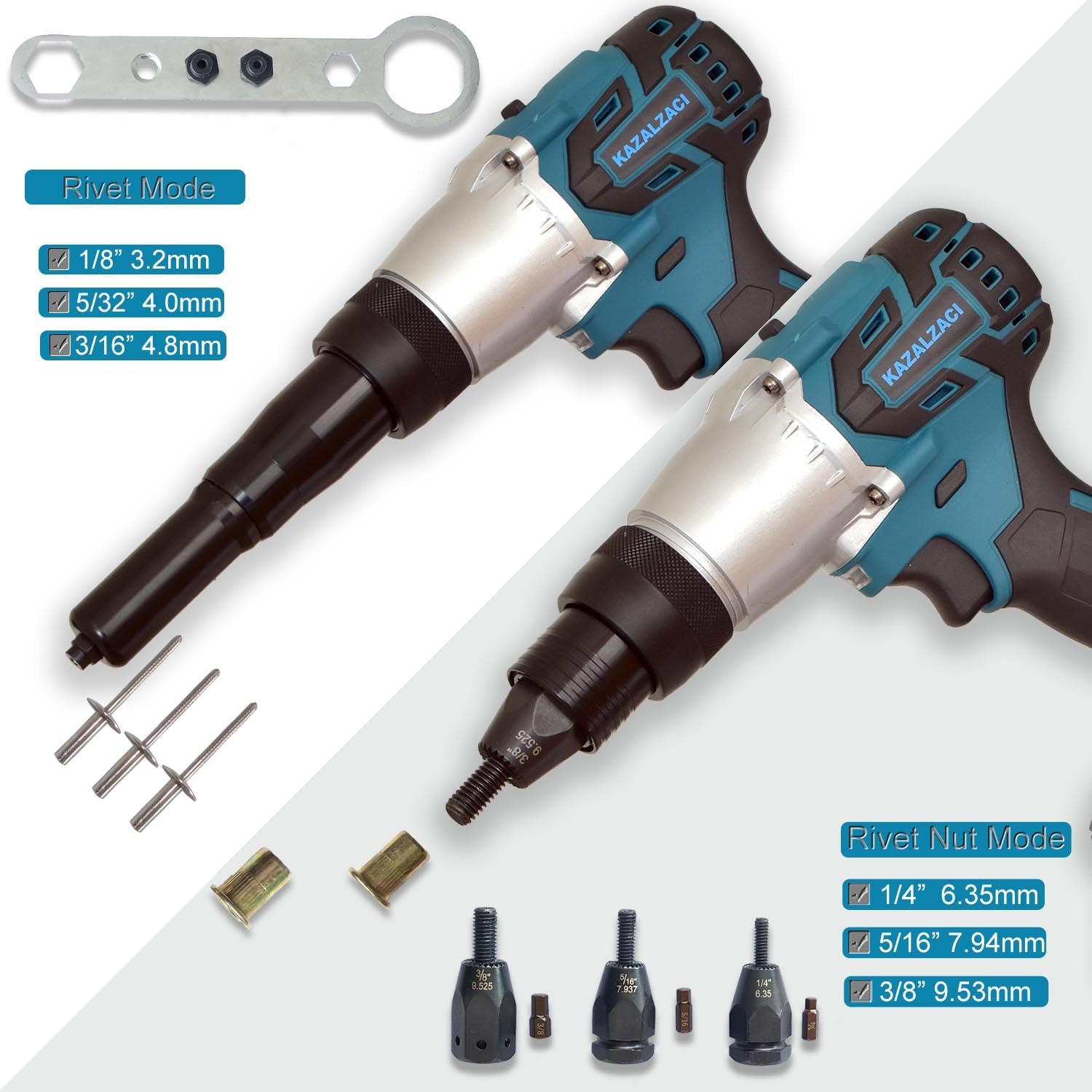 2in1 Electric Rivet/Rivet Nut Tool, Cordless Rivet Nut Gun for Nuts(1/4", 5/16", 3/8"), Battery Powered Pop Rivet Gun for Blind Rivets(1/8“, 5/32”, 3/16"), Automatic Manual Rivet, 2Pcs 5.0Ah Battery
