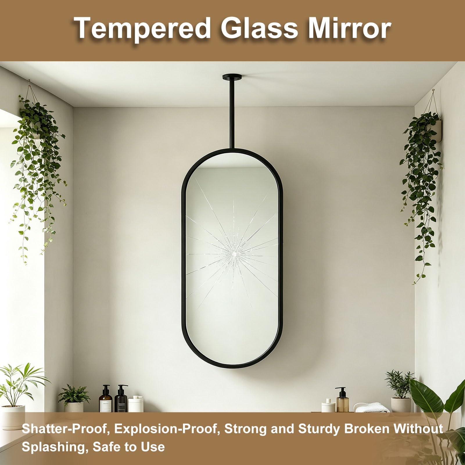 Miroir incassable ovale suspendu au plafond de la maison ou de l'hôtel | Miroirs suspendus simples et élégants,décoration murale,avec cadre et flèche en acier inoxydable brossé(50cmx60cm)