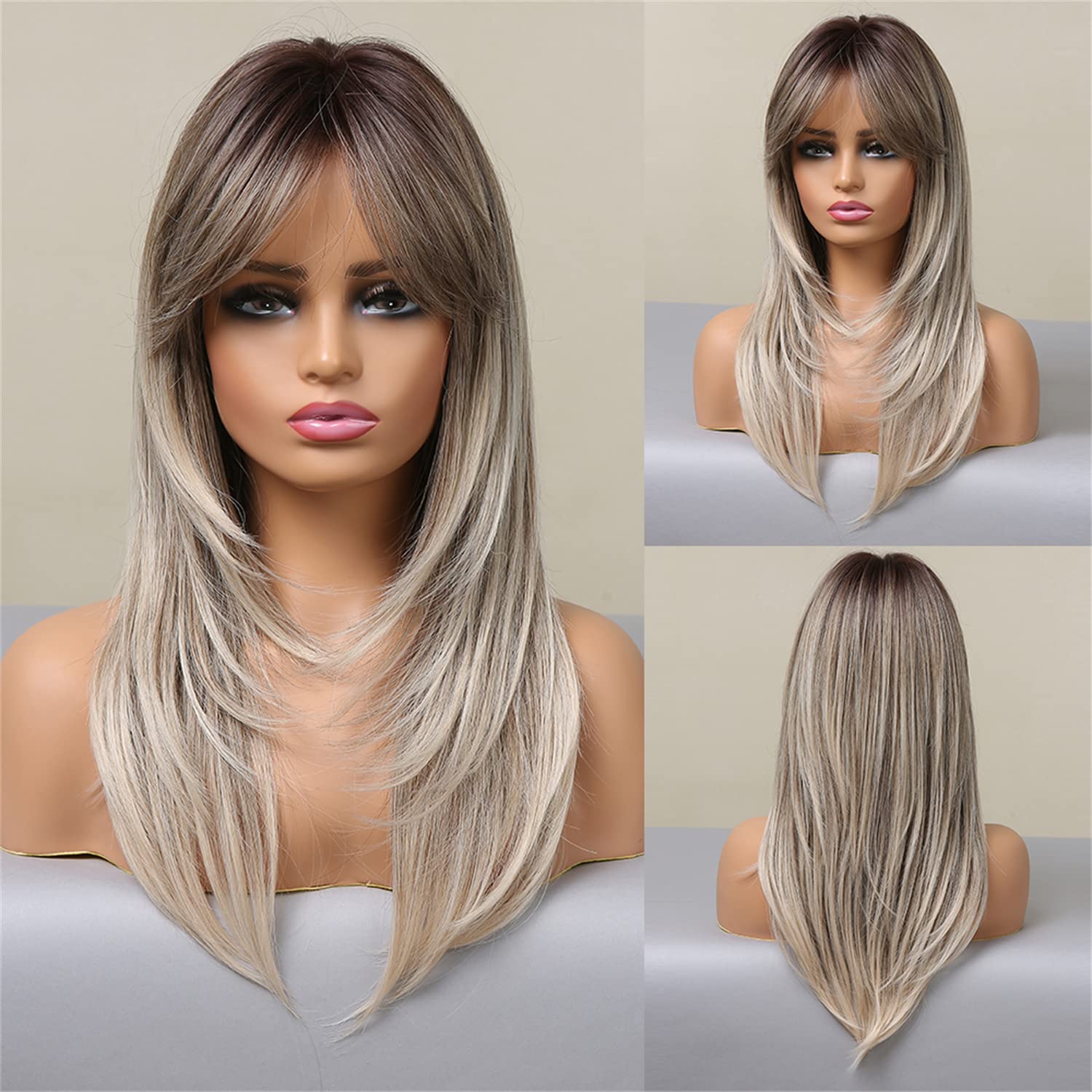 vowyore Long Ombre Grey Blonde Wigs for Women, Synthetic Layered Hair Wig with Bangs