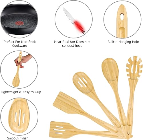 Miniatura 4 de Juego de utensilios de cocina -6 piezas cuchara de madera - Cuchara de cocina de madera - Juego de cubiertos de cocina-Utensilios de madera - Juego