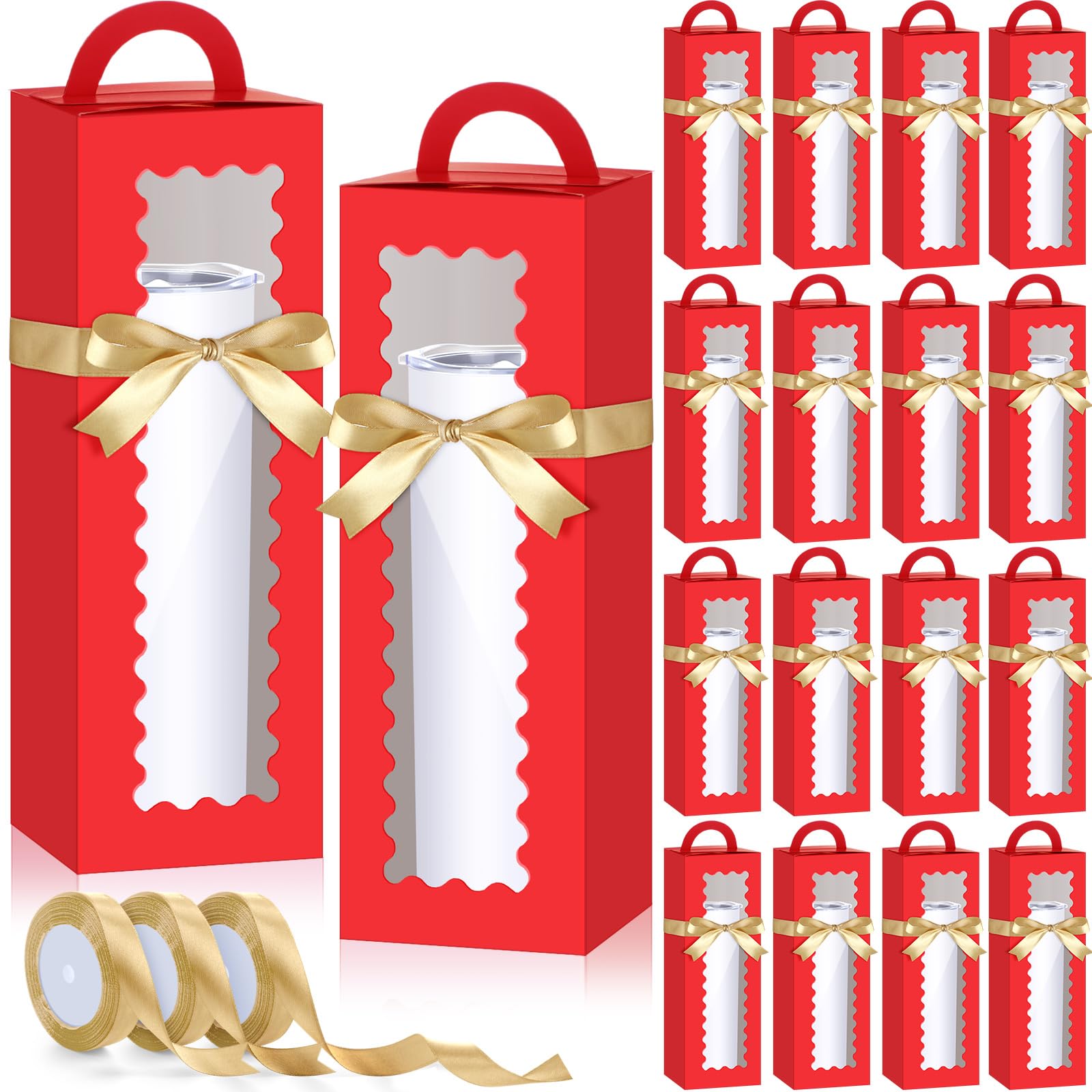 Windyun 100 Pcs Tall Tumbler Gift Boxes with Ribbons Bulk, Window Handle for 30oz 20oz 16oz 12oz Clear Wine Glass Jar Gift Box for Sublimation Packaging Wrapping Shipping 11 x 3.4 x 3.4'' (Red)