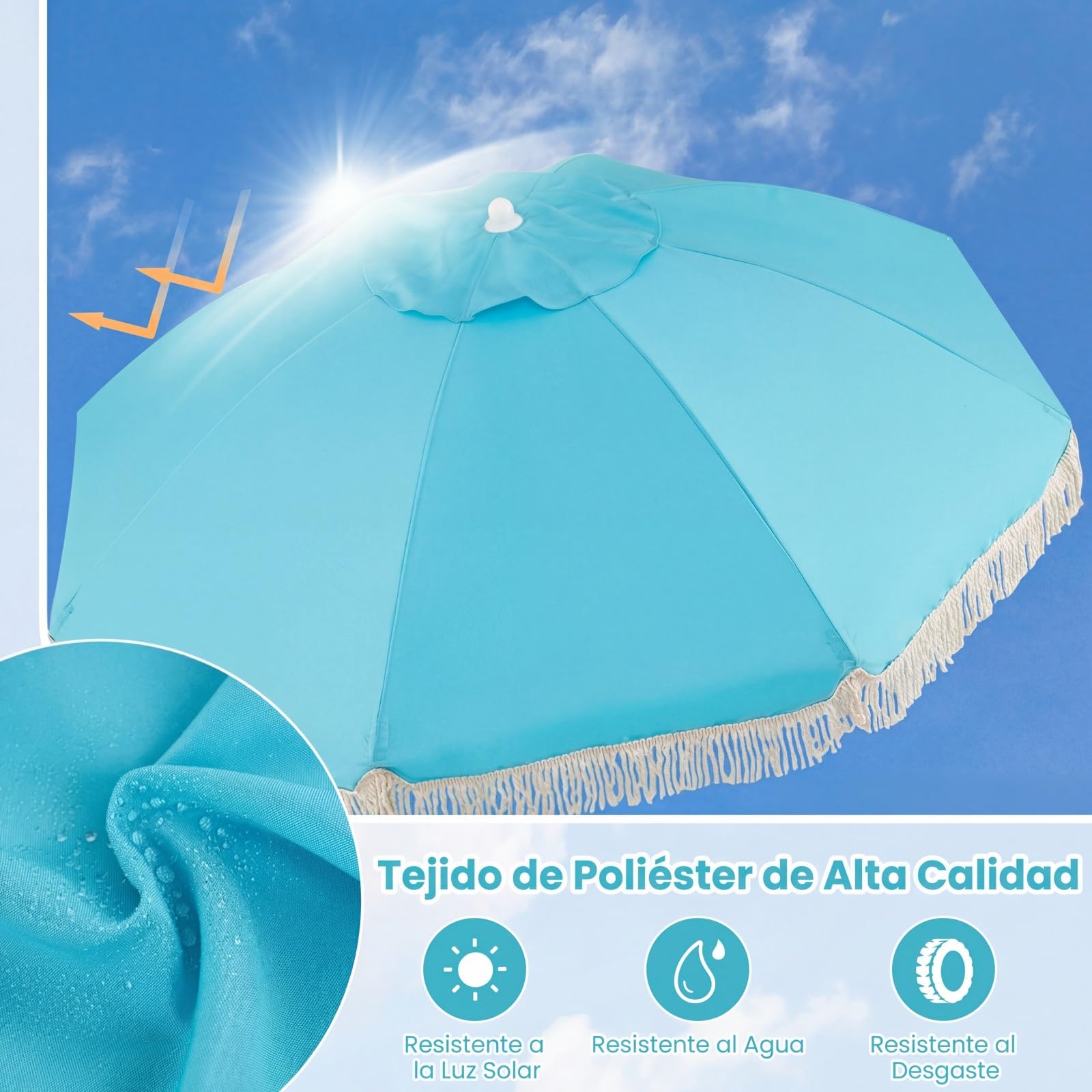 COSTWAY Sombrilla Playa Grande, 170 cm Sombrilla Terraza Exterior con Mástil de Madera, Inclinación 30°, 8 Varillas de Fibra de Vidrio y Borlas, Parasol Exterior de Flecos para Playa Jardín