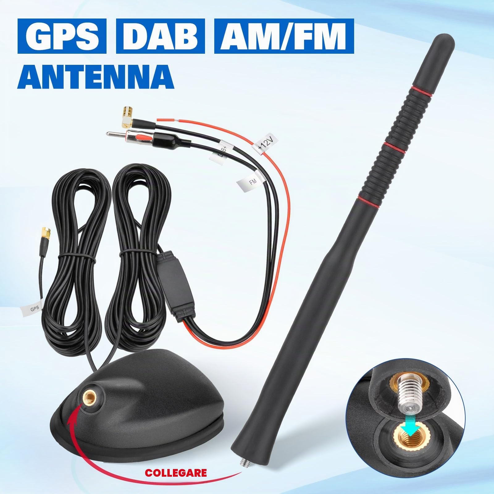 Eightwood Antenna Auto Attiva DAB+FM GPS Cavo 5m Connettori SMB SMA DIN | Antenna da tetto universale con amplificatore di segnale integrato Compatibile autoradio digitale GPS