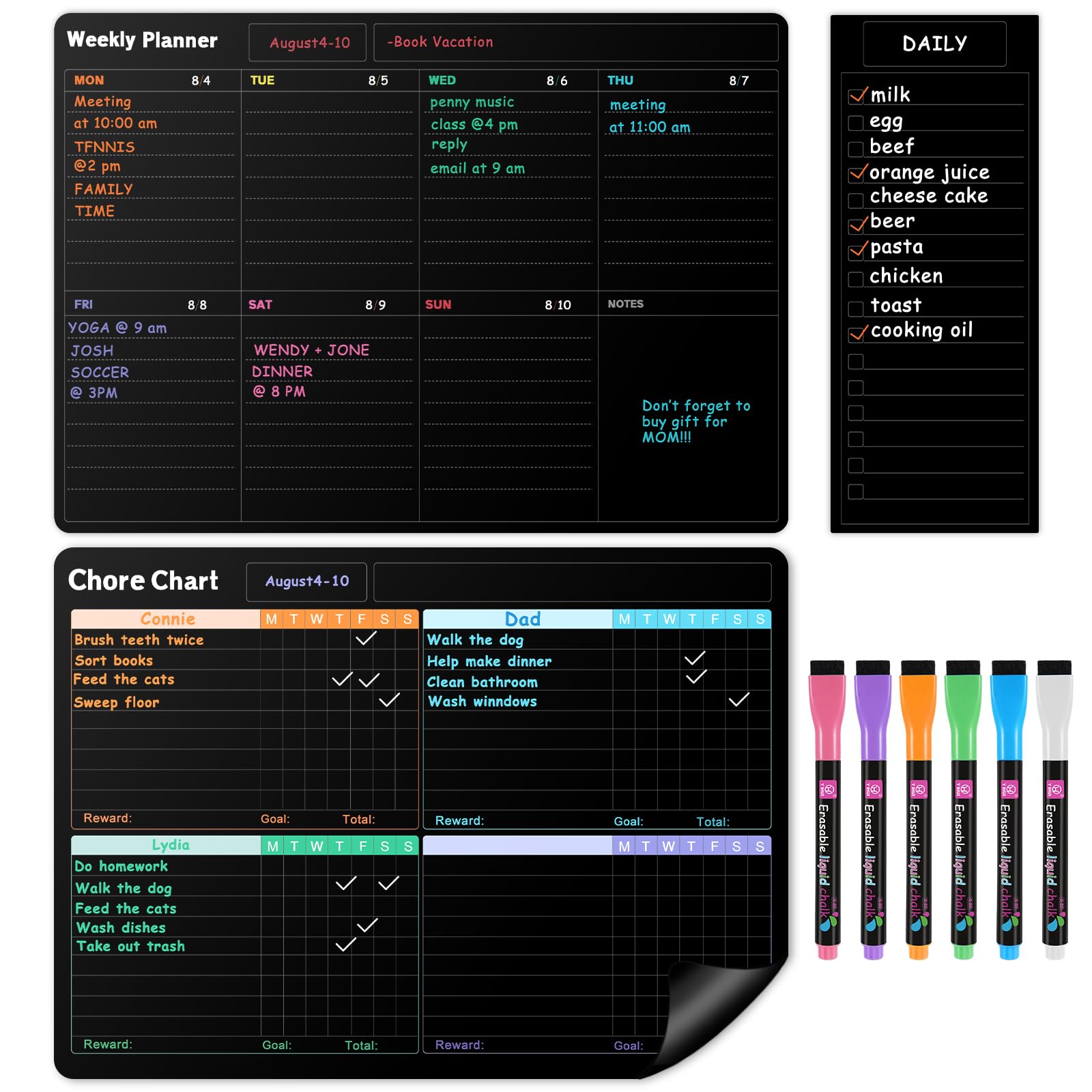 Fridge Black Whiteboard Calendar Set(3-Pack),1 Pcs Magnetic Chore Chart and 1 Pcs Refrigerator Weekly Planner,1 Pcs List and 6 Markers,Reward Chore