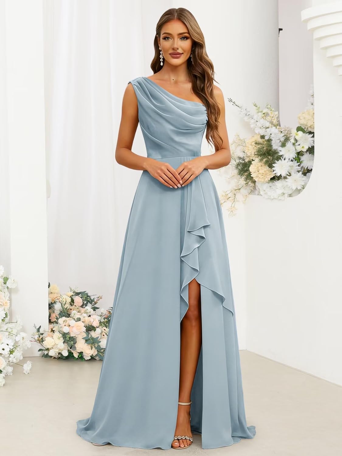 CuteMe Women's Elegant Bridesmaid Dresses with Slit One Shoulder Chiffon Long Formal Dress CC035