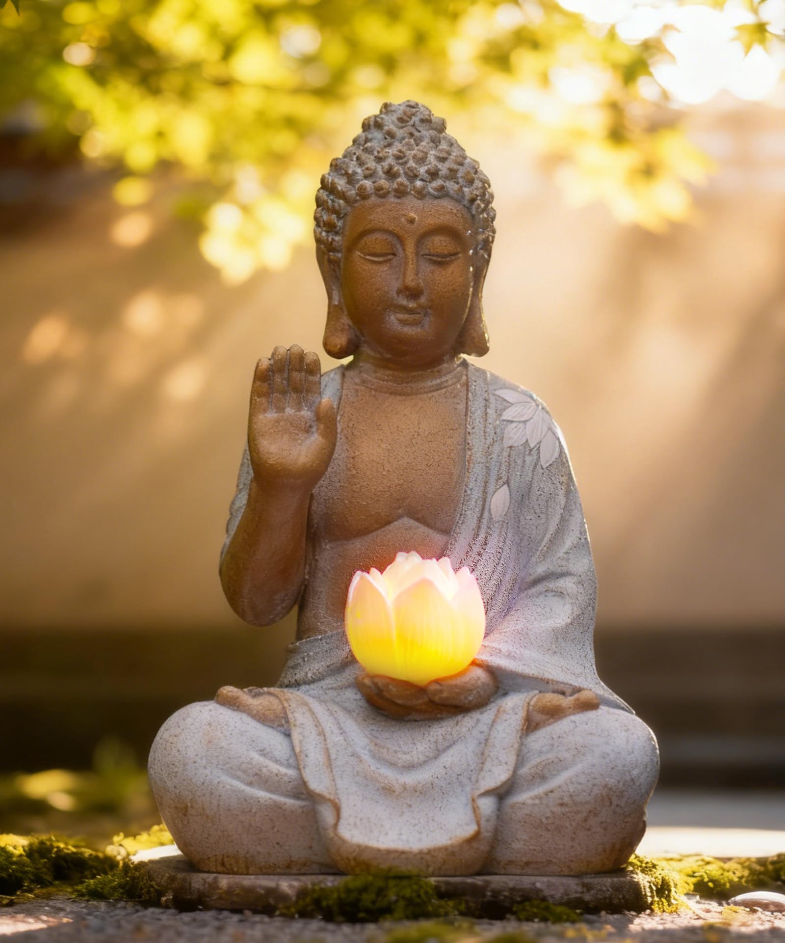 Yeomoo Figura de Buda con LED Solar LED Decoración de Jardín - Resistente a la intemperie Meditación Jardín Figuras Decoración para Zen Jardín Salón Feng Shui Regalo Espiritual para Mujeres Mamá