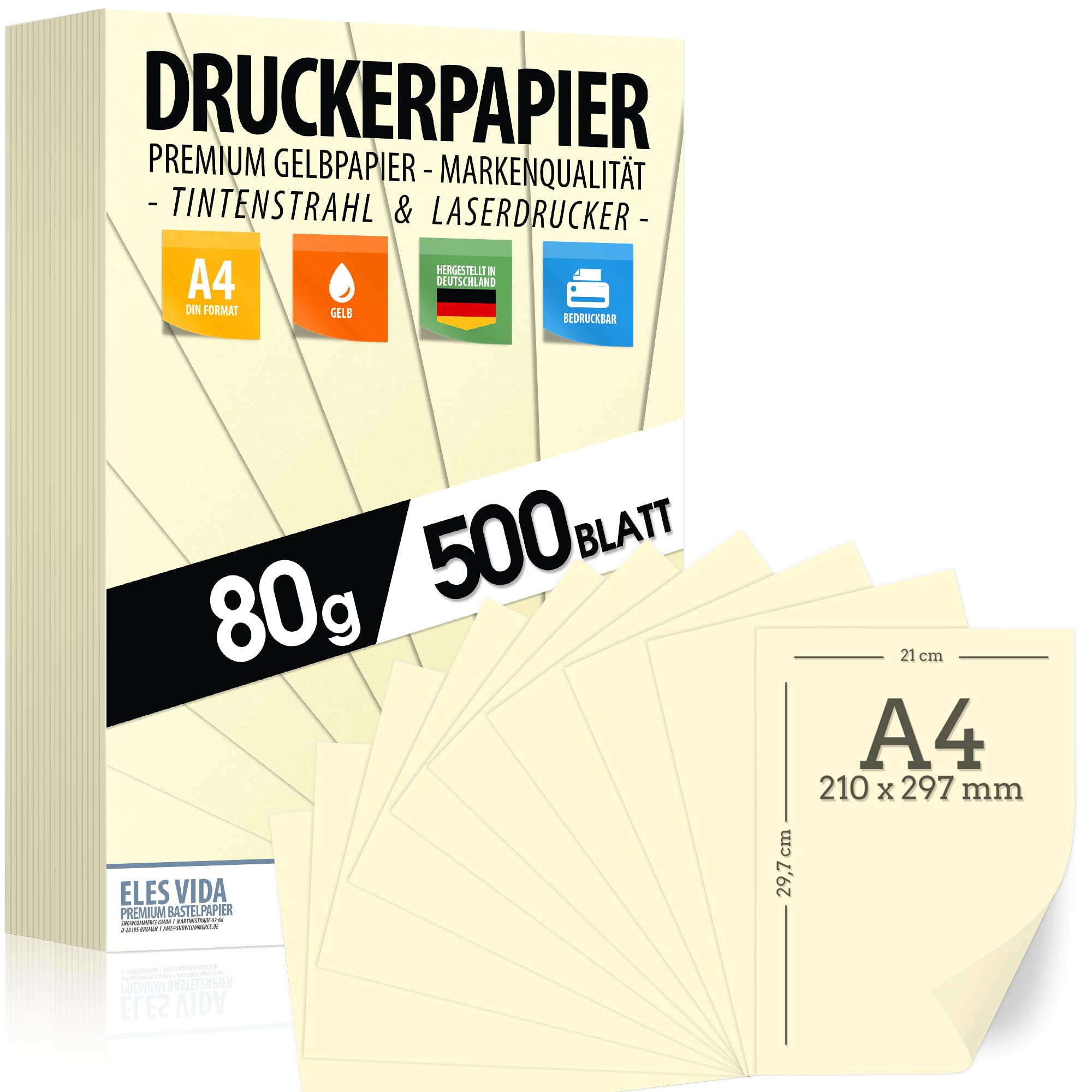 Druckerpapier A4 80g Gelb – 500 Blatt - PREMIUM PAPIER - DIN A4-21 x 29,7 cm - Kopierpapier, Laserdrucker & Tintenstrahl, Inkjet, Ideal für Uni, Bürobedarf, Präsentationen für Büro & Office - Gelb