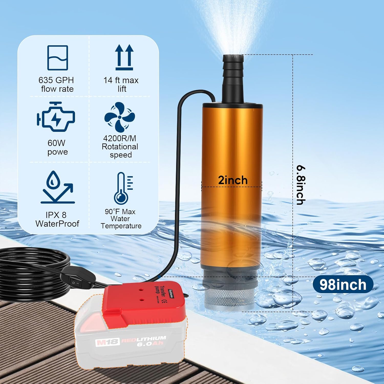 Transfer Pump Compatible with Milwaukee M18 18V Battery, 635 GPH Portable Utility Pump with 50-inch Hose & Retainer, Mini Sump Pump Stick for Water, Oil Bilge,Pool Garden Pond Draining (Tool Only)