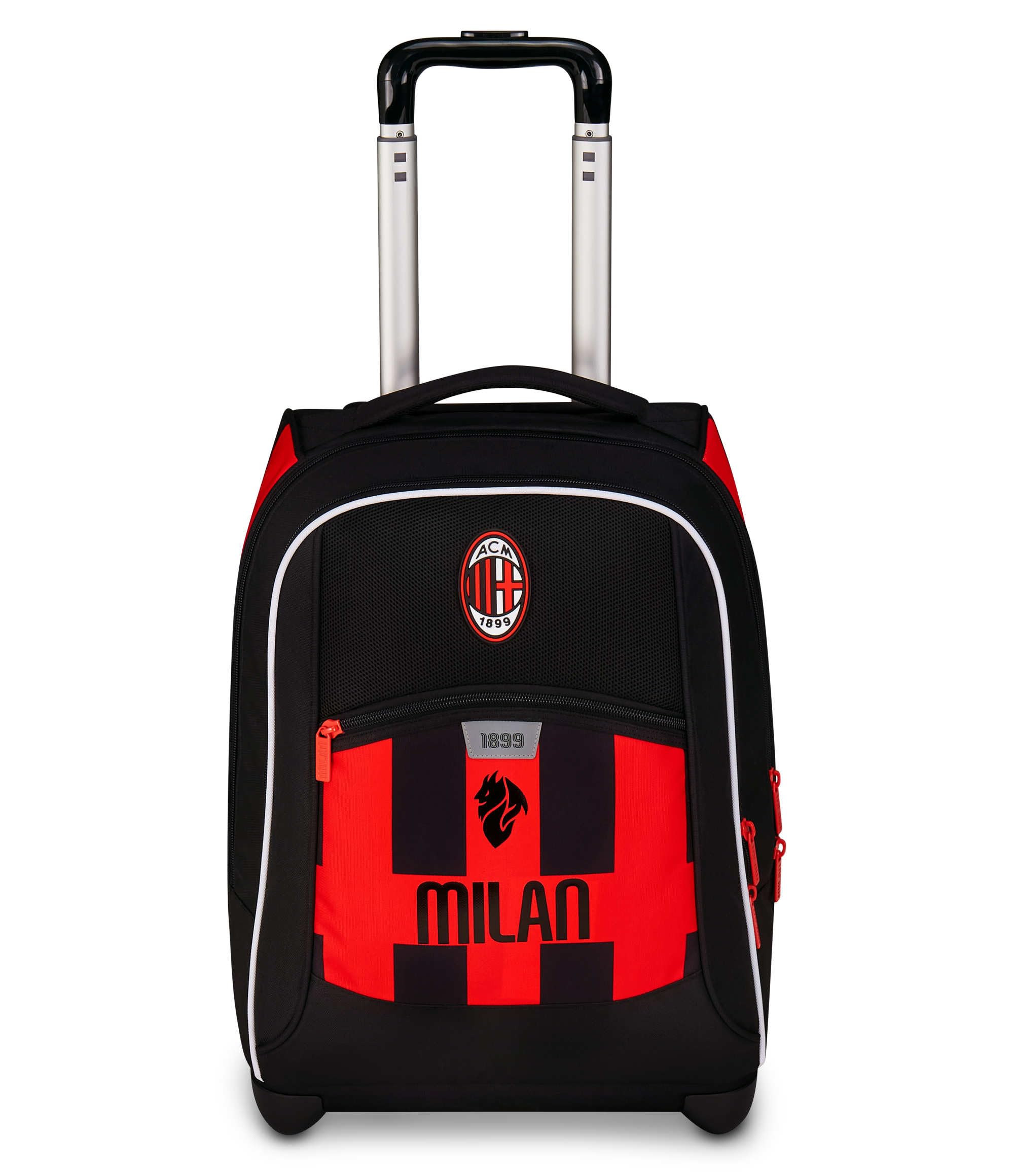 Seven Milan Big Trolley Scuola Fisso, Rosso e Nero, Squadra Calcio, 2 in 1, Doppio Uso, Trolley e Zaino, Scuola Elementare, Bambino