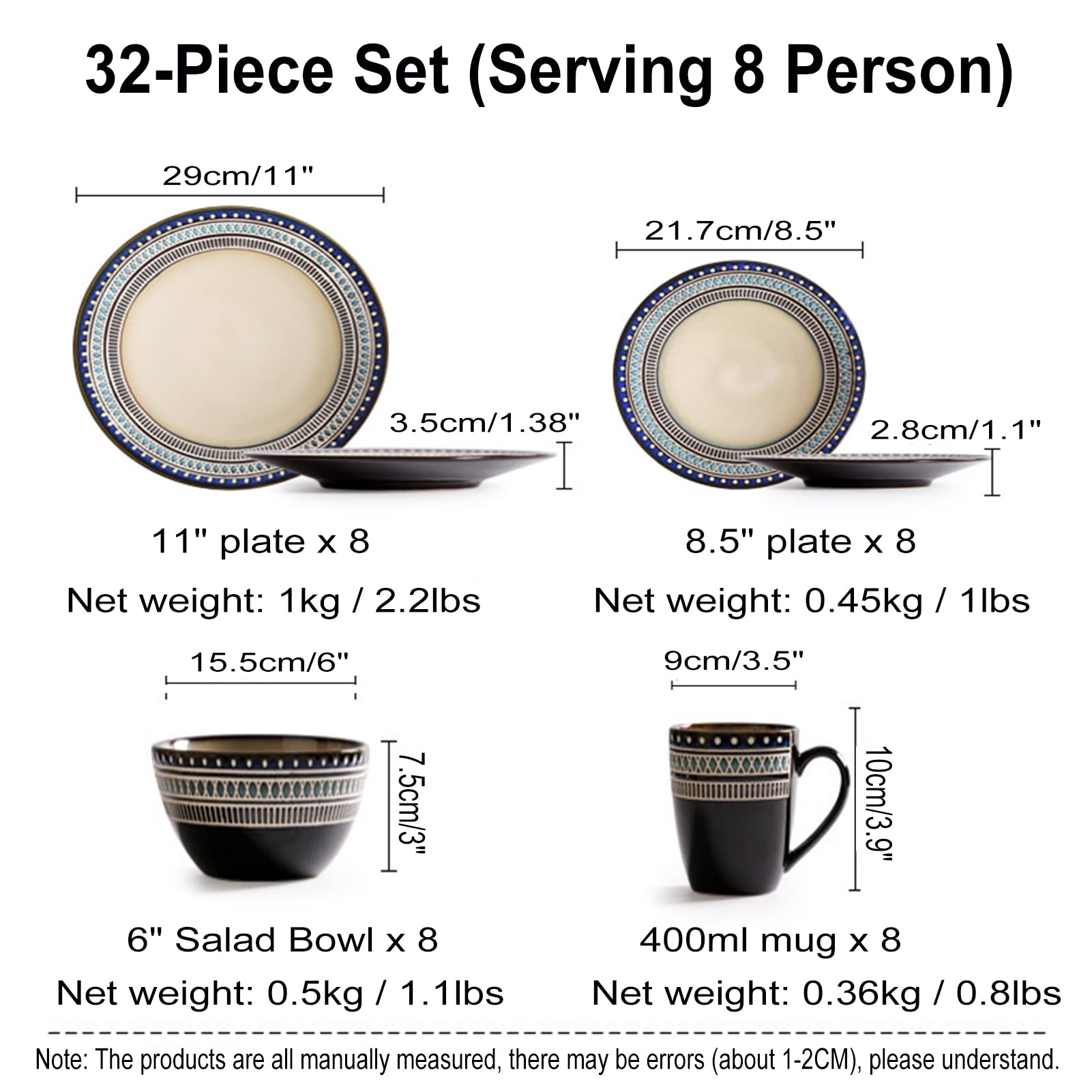 32-częściowy zestaw porcelanowych naczyń, zastawa stołowa, po 8 talerzy obiadowych, 8 talerzy deserowych, 8 miseczek do musli i 8 kubków do kawy o pojemności 400 ml dla 8 osób, serwis