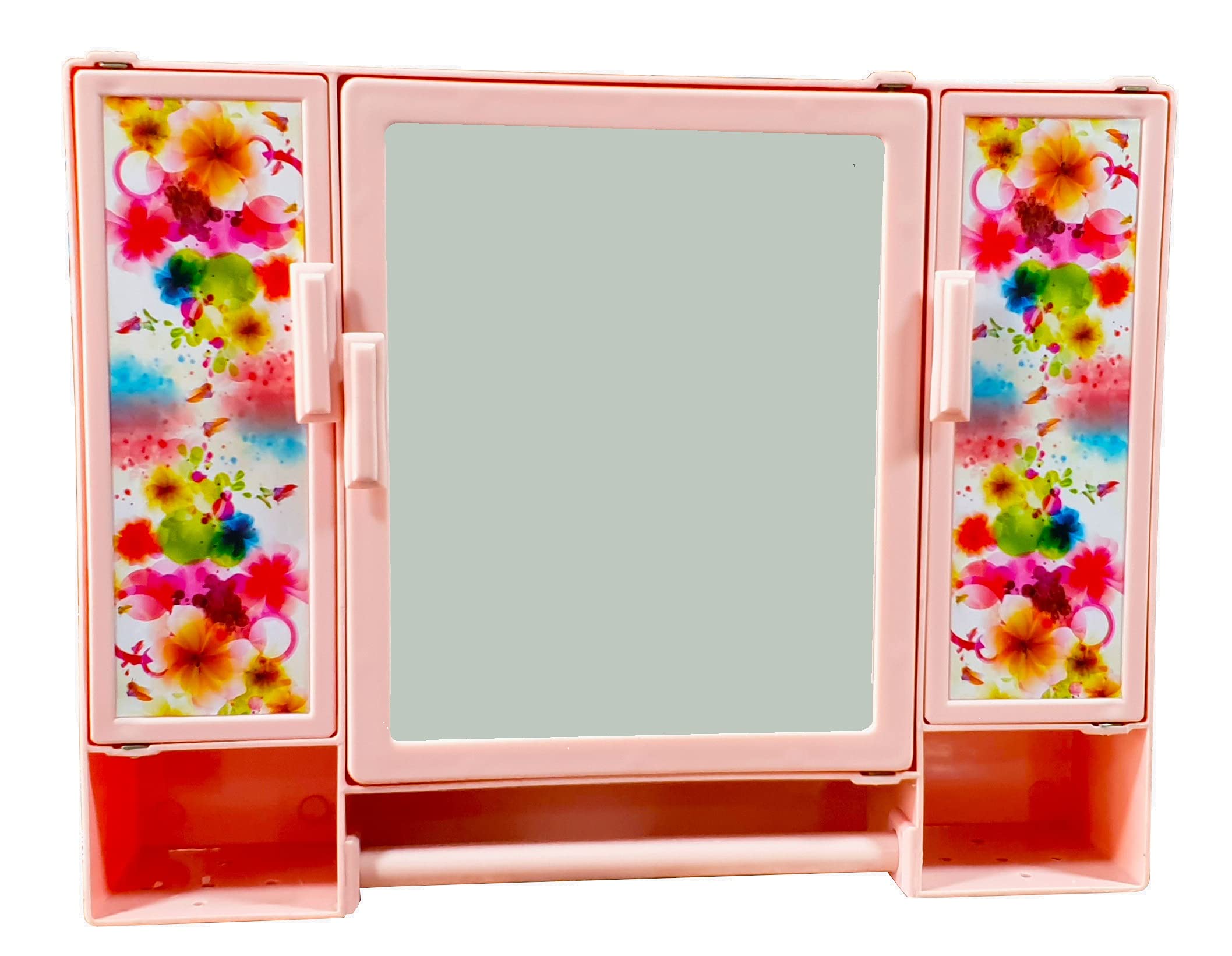 Maskey (Size: 18 x 14 x 4 Inches Designer Multiuse Virgin Plastic Tripple Door Storage/Medicine/Bathroom Mirror Cabinet with Two Adjustable Storage Shelves and Extra Towel Rod (Pink)