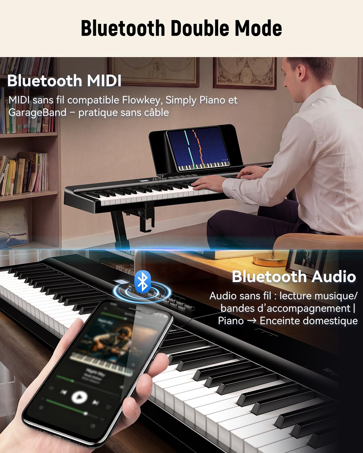 Piano Pliable 88 Touches, Rhymo Piano Numérique Portable avec Touches Semi-Lestées Taille Réelle, Haut-parleurs 30W, Bluetooth MIDI, Pédale de Sustain, Autonomie 10h, Débutants & Adultes (Noir)