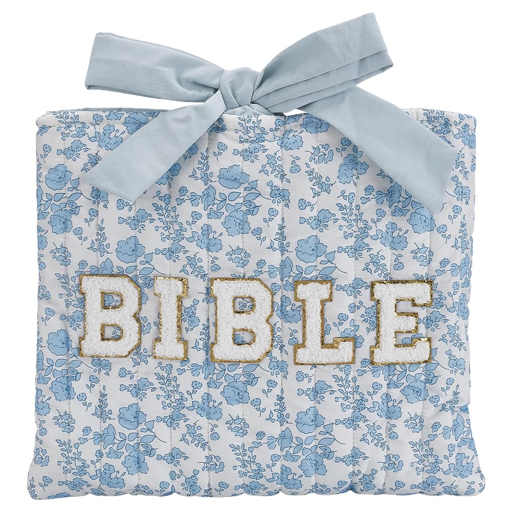 WEBEEDY Quilted Bow Bible Sleeve Book Cover Case Blue Flower Pattern Bible Protector Bag Pouch with Bible Patch for Travel Daily Use Easter Christian Gift for Women,32x27cm
