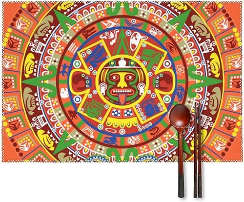 Juego de 4 manteles individuales con calendario azteca, antideslizantes, lavables, para decoración de cocina, boda