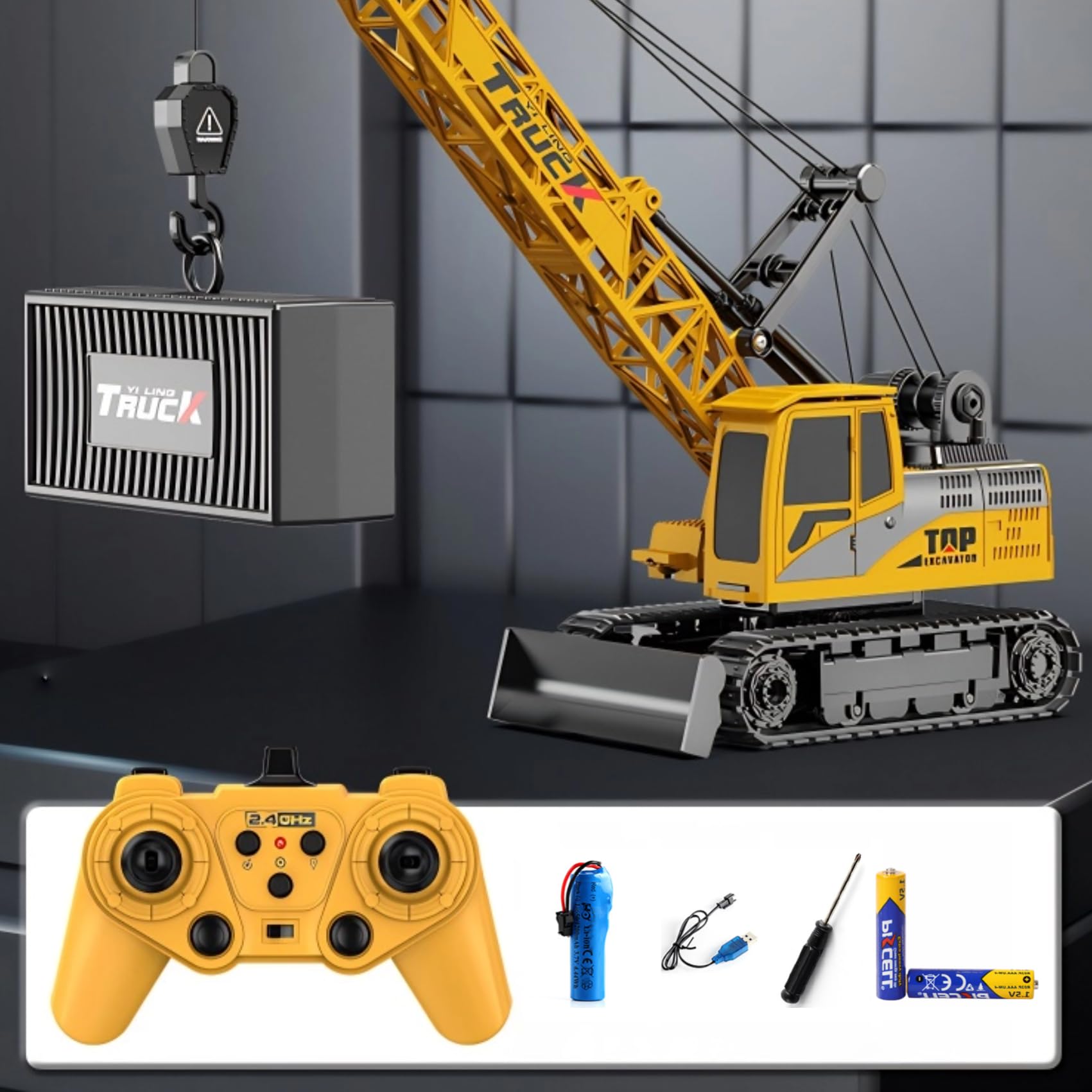 Gru Telecomandata Bambini, Camion Gru 11 Canali Veicolo da Cantiere RC 1:20 con Gancio e Rotazione 360°, Giocattolo Auto Radiocomandata con Luce e Suono, Regalo Bambini 3-8 Anni