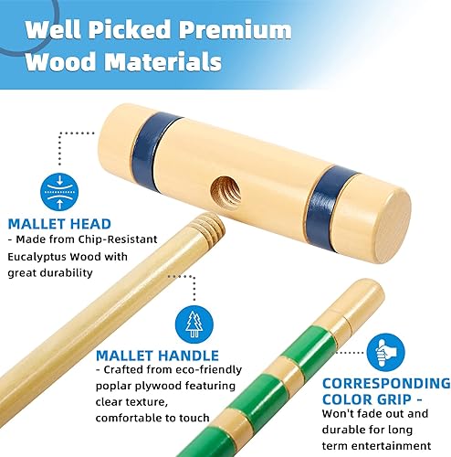 Miniatura 3 de Juego de fiesta de croquet de 28 pulgadas para 8 jugadores, hecho de madera de pino de larga duración, diversión familiar para patios, camping y