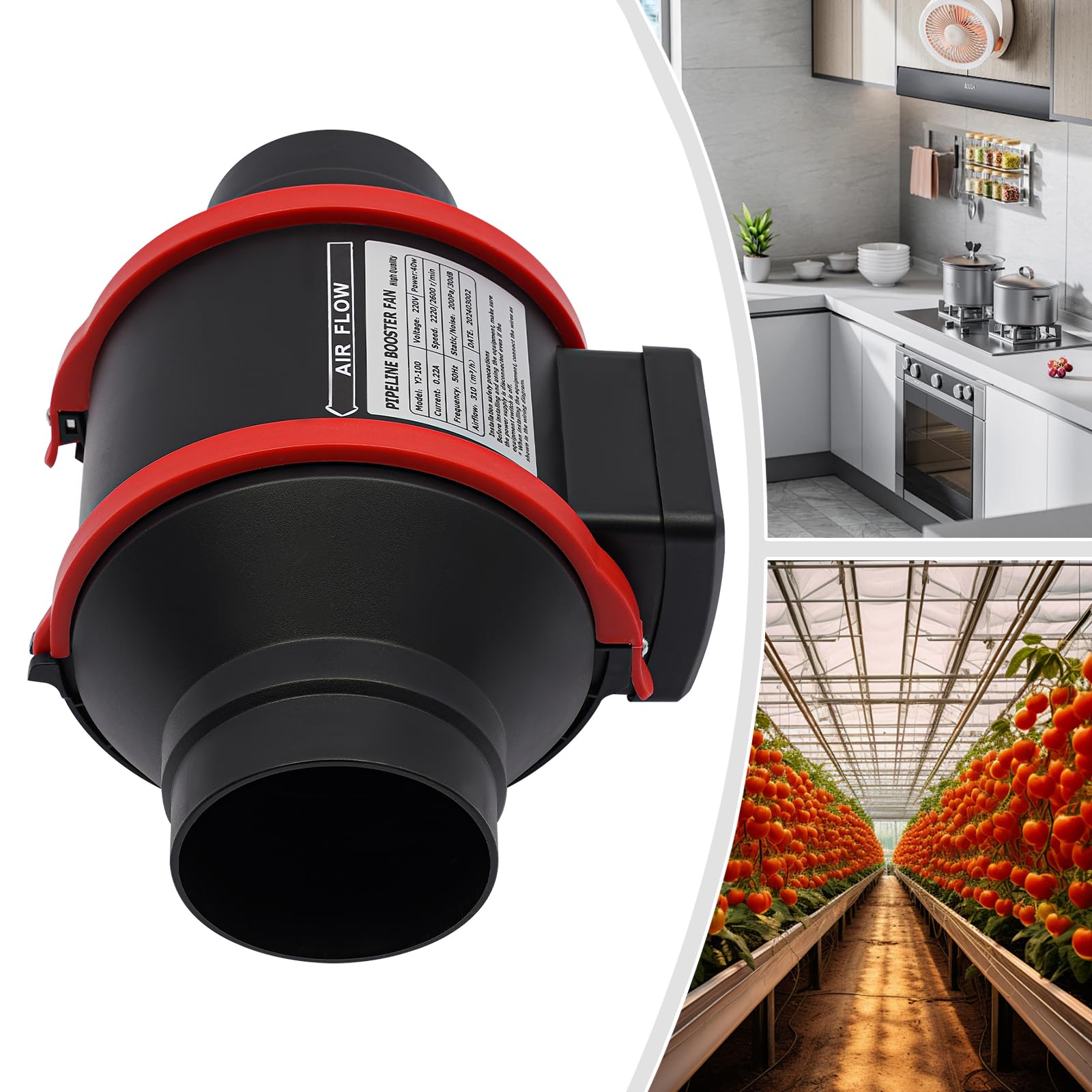 Wentylator rurowy 40 W, 220 V, wentylator rurowy 100 mm, 310 m³/h, wentylator łazienkowy, nadaje się do wentylacji i oczyszczania powietrza w garażu, biurze, sypialni itp. (czarny)