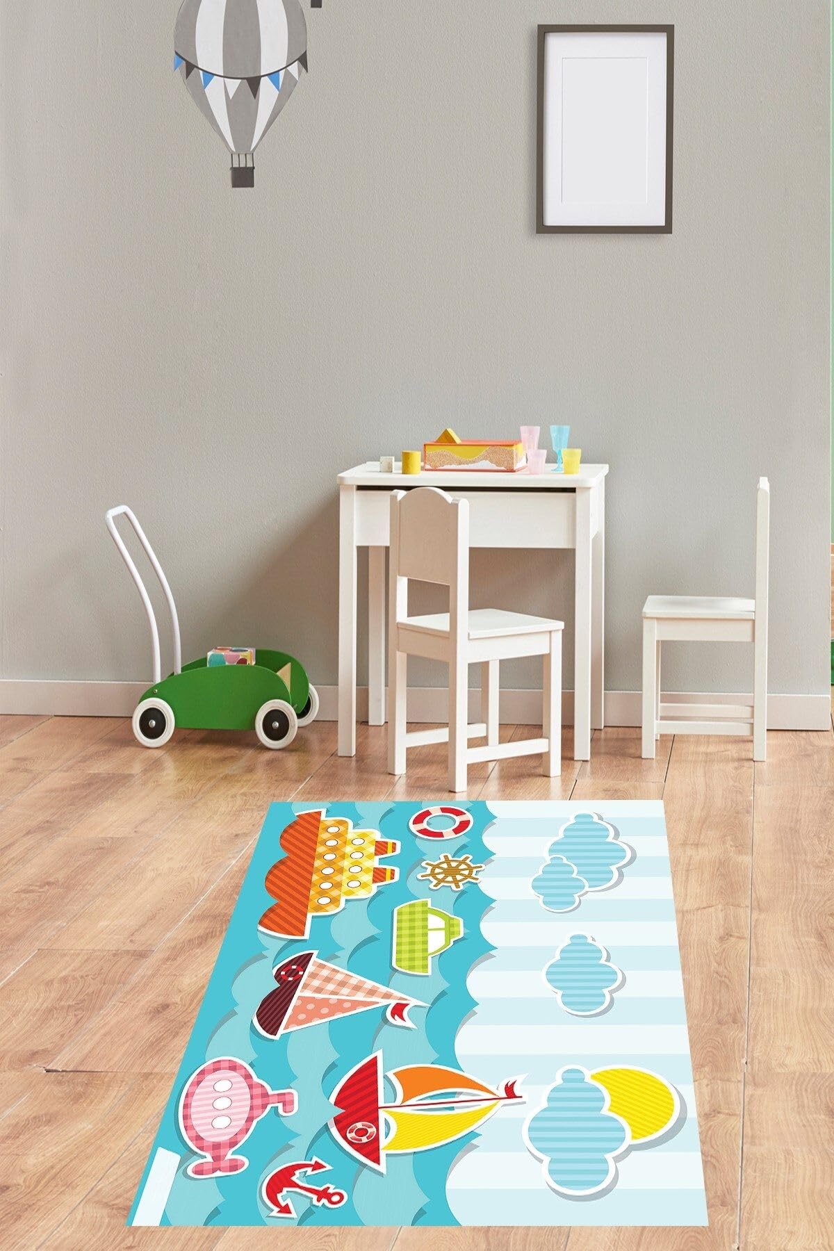 Pelangi Denizci Desenli Denizaltı Dümen Yelkenli Yıkanabilir Kaymaz Taban Leke Tutmaz Çocuk Odası Halısı, Pembe-Mavi-Yeşil 80 x 350, 903868008880350
