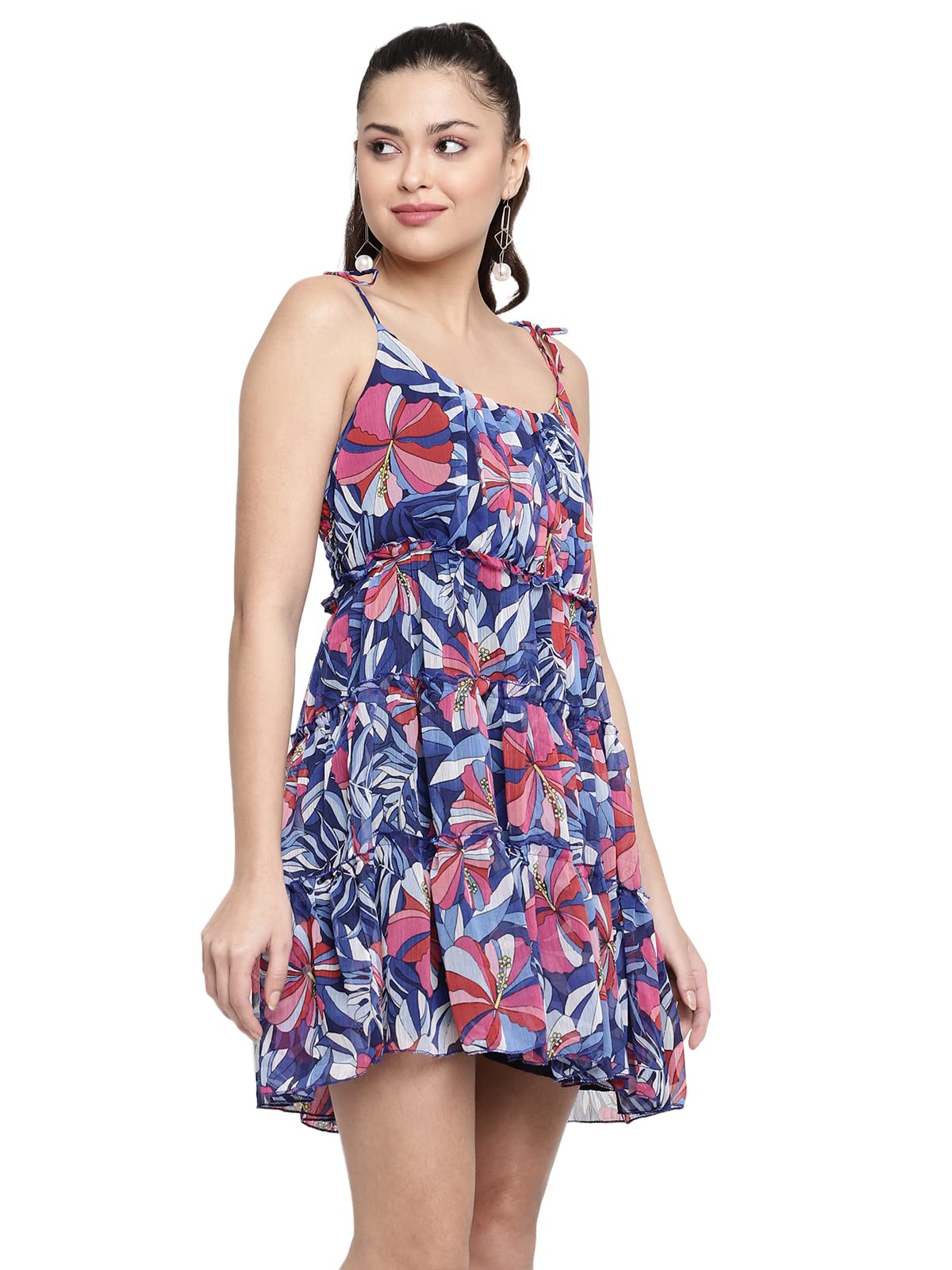 Shasmi Women's Blue Chiffon Solid Floral Off Shoulder Fit & Flare Dress For Women (Dress 56 Blue S)