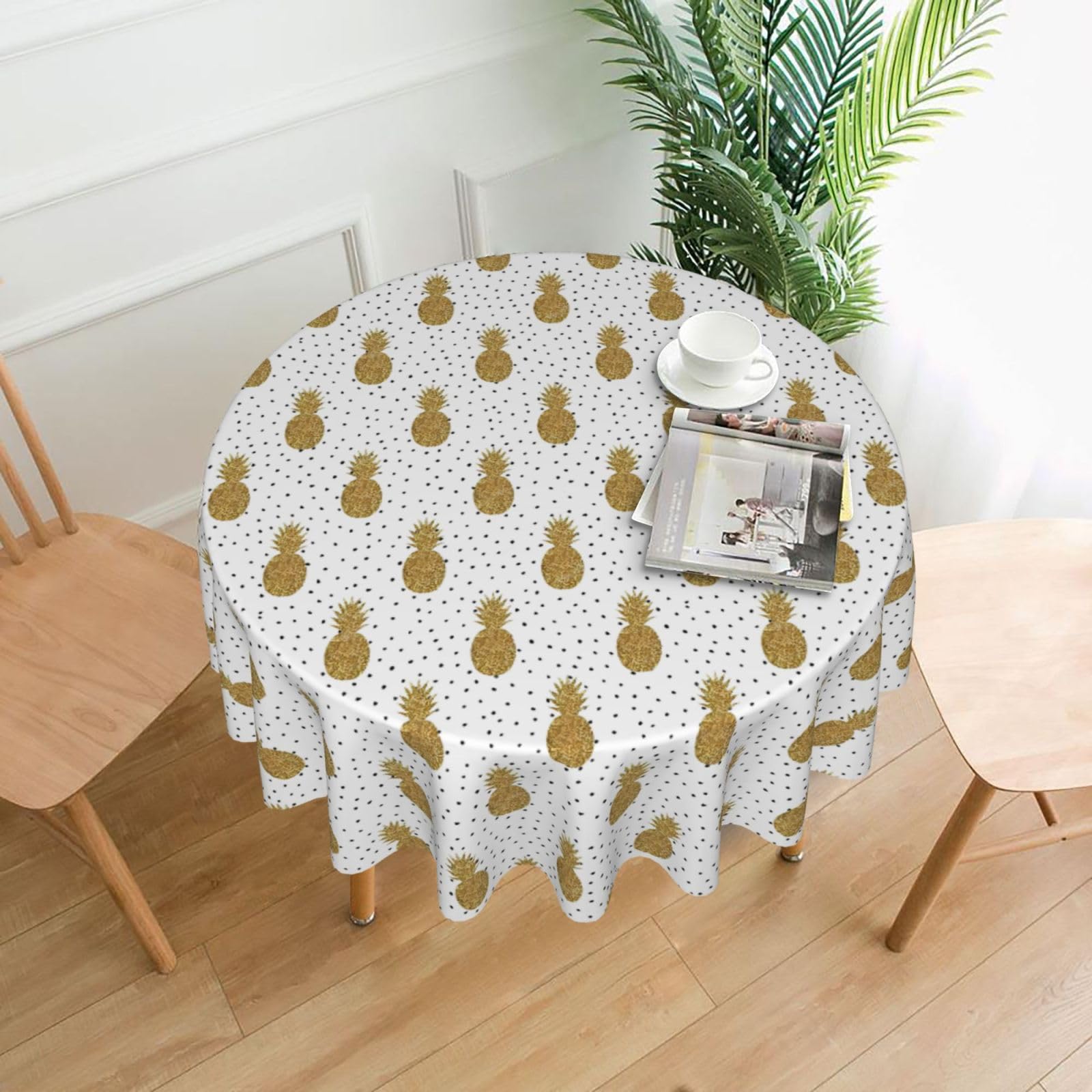 WHJSSF Gold Glitter Pineapples Fruit Prints Round Decorative Tablecloth 60in - Elevate Your Dining Experience with a Stylish & Protective Table Throw