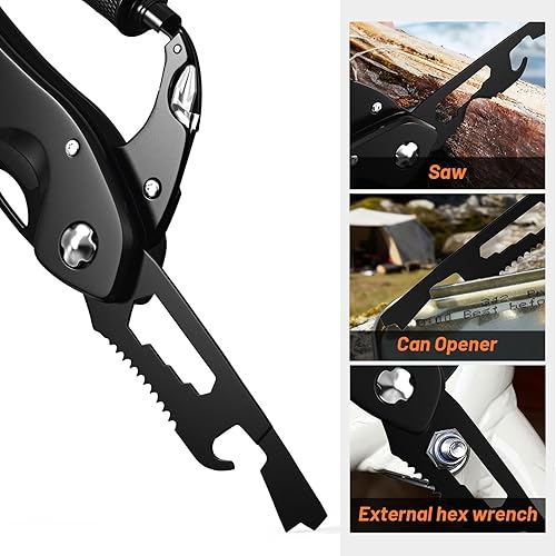 Miniatura 7 de Mosquetón multiherramienta 9 en 1 EDC cuchillo de bolsillo, llave hexagonal, sierra, destornillador, abrebotellas, rompedor, hebilla, equipo de