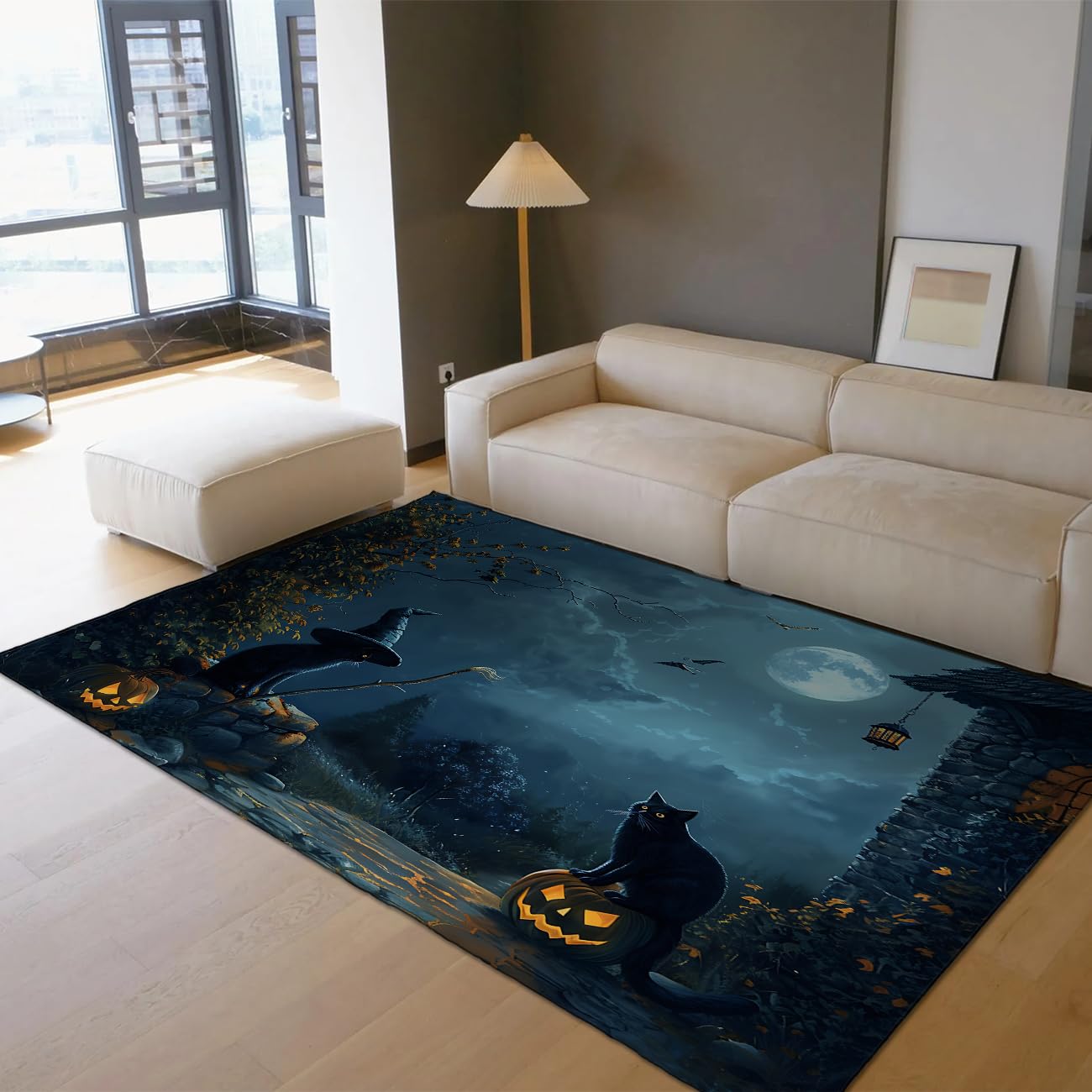 120 x 180 cm Dywan Halloween Czarownica Kot Pełny Kot Czarny Dynie