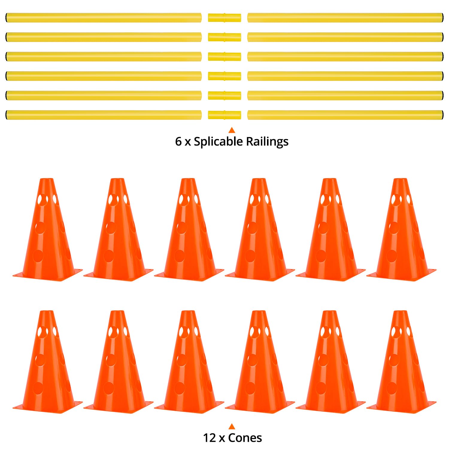 QWORK® Sports Haies Set 12 cônes + 6 Barres agilité, 23 cm de Hauteur, 100 cm de Longueur, Ensemble de Haies pour l'entraînement de Coordination