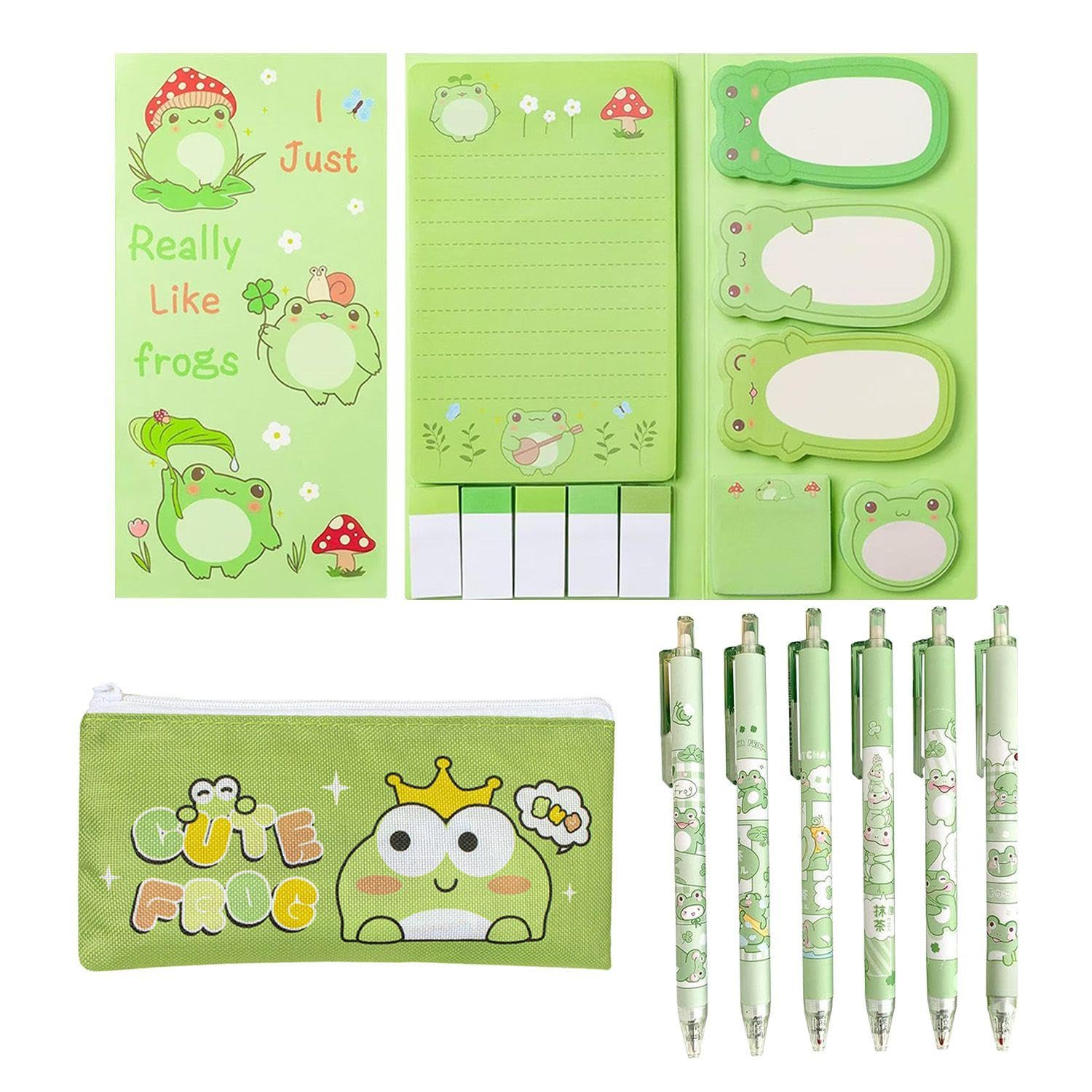 1 Set of Frog Note Notes, 6 Capybara Press Pens and 1 Pencil Case, Stationery, Smooth Writing, Student Note Guestbook.
