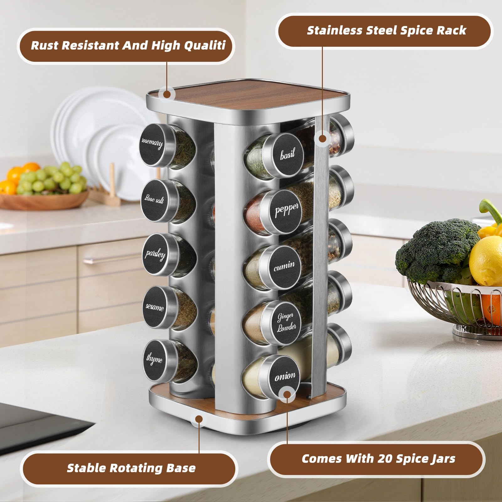 FRIBERG Porte-épices De Cuisine, Porte-épices En Acier Inoxydable Avec 20 Pots à épices De 100 Ml, Porte-épices Rotatif à 360° Avec Entonnoir, étiquette, Stylo Et Brosse De Nettoyage