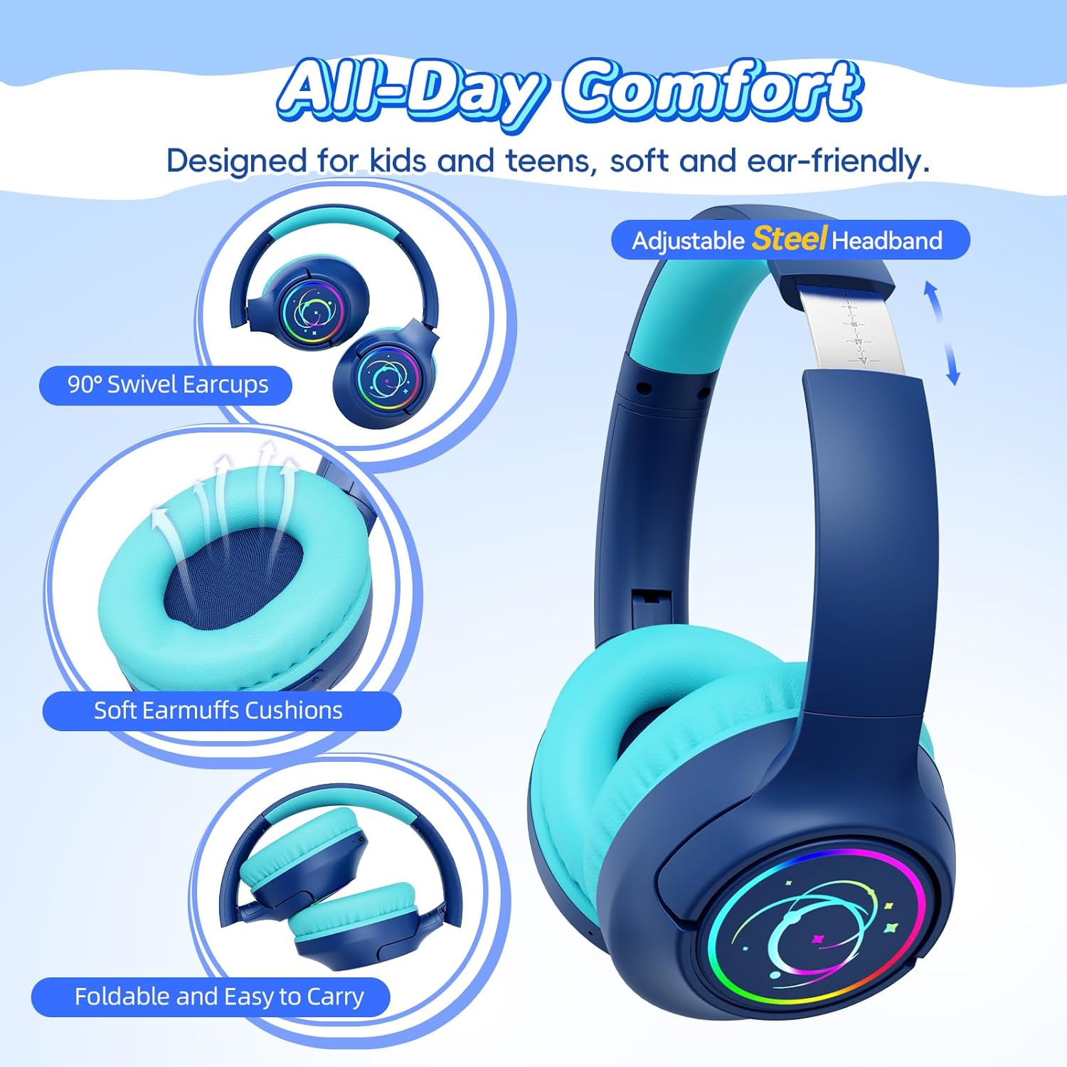 Kids Bluetooth Headphones, 85H Playtime Wireless Headphones for Kids, Colorful LED Lights, 85/94dB Safe Volume Limit, Bluetooth 5.4 Built-in Mic Toddler Headset for Tablet/Airplane (Navy Blue)