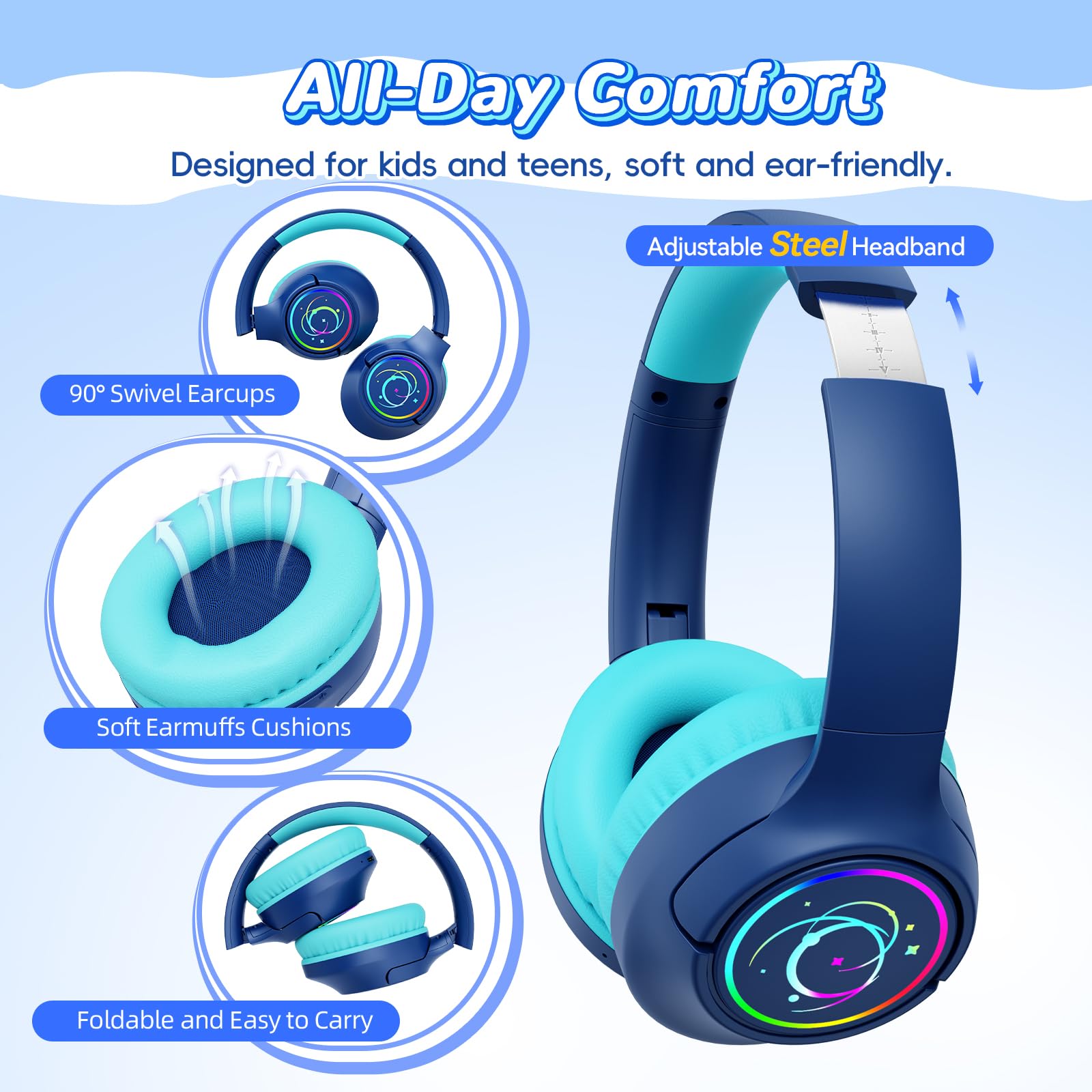 Auriculares Bluetooth para niños, 85 horas de reproducción, inalámbricos, luces LED coloridas, límite de volumen seguro de 85/94 dB, Bluetooth 5.4, micrófono integrado, auriculares para niños pequeños