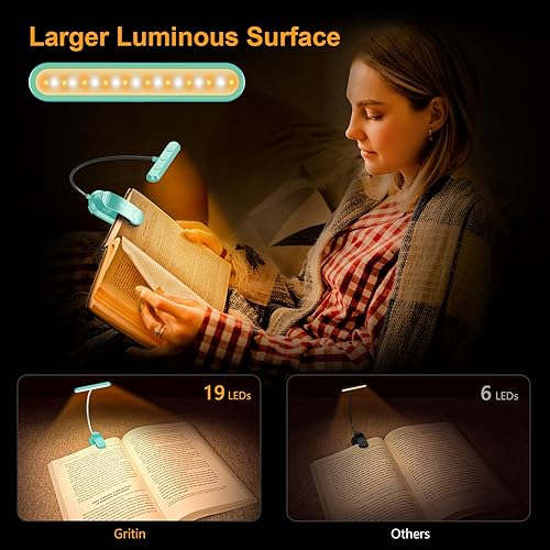 Miniatura 76 de Gritin Luz de libro recargable para leer en la cama con 19 LED y función de memoria, cuidado de los ojos, 3 temperaturas de color, 5 niveles de Negro