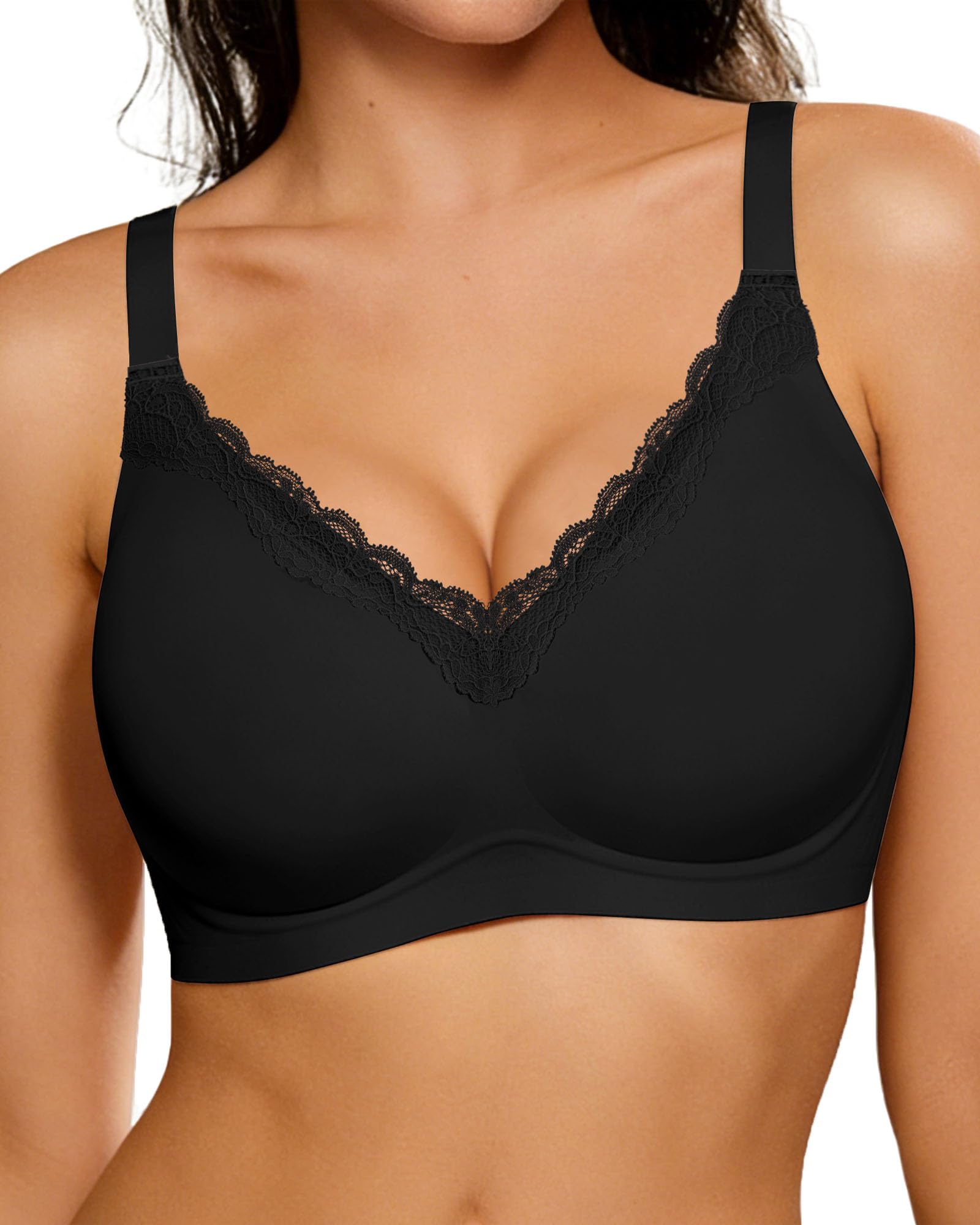 HORISUN BH Damen ohne Bügel mit V-Ausschnitt und Spitzenbesatz, Sanftem Halt Jelly BHS, Breite Träger und Seitenflügel, Nahtloser T-Shirt BH für Damen