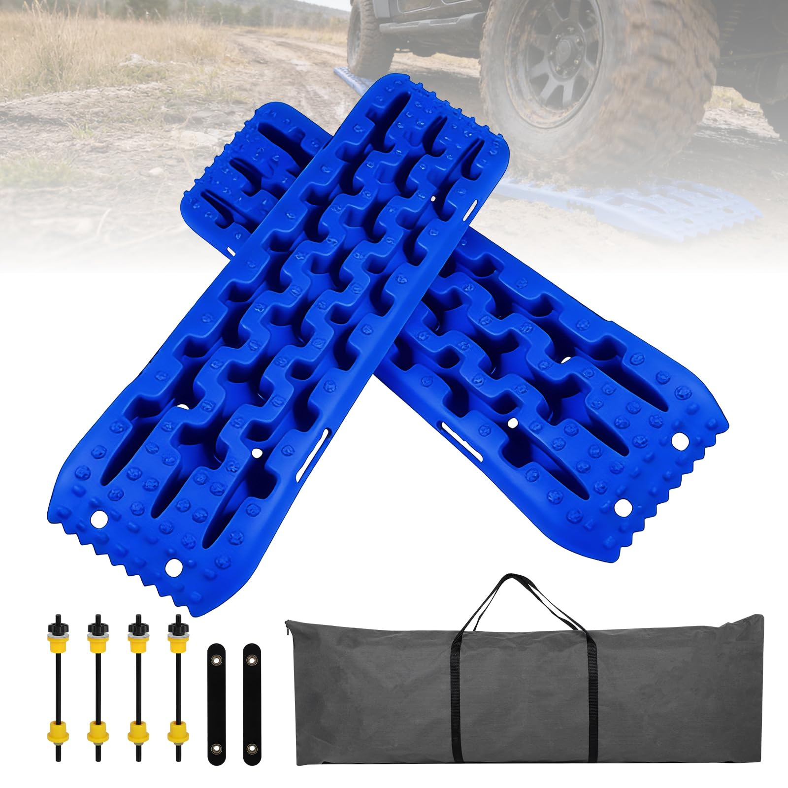 EXLECO 2er Sandbleche Wohnmobil Anfahrhilfe Offroad Zubehör Recovery Board Traktionshilfe Auffahrkeile mit Aufbewahrungstasche & Halterung PKW Anhänger Reifenleiter für Sand Schlamm Schnee Blau