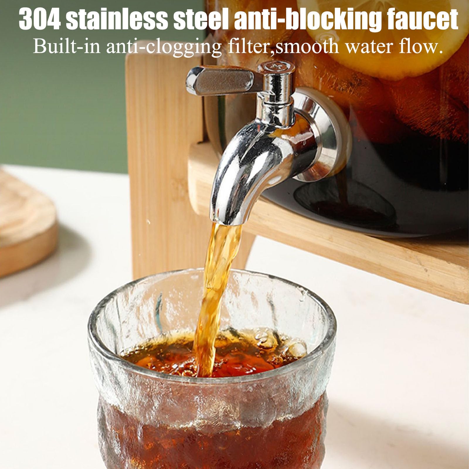 Glaskaraffe,Getränkespender - Zapfhahn Aus Edelstahl Und goldenes Regal -Wasserspender Glasbehälter Für Kalte Getränke,Für Kalt & Heiß Wasser Eistee Kaffee Milch Saft,Faucet a+golden Shelf,2.5L