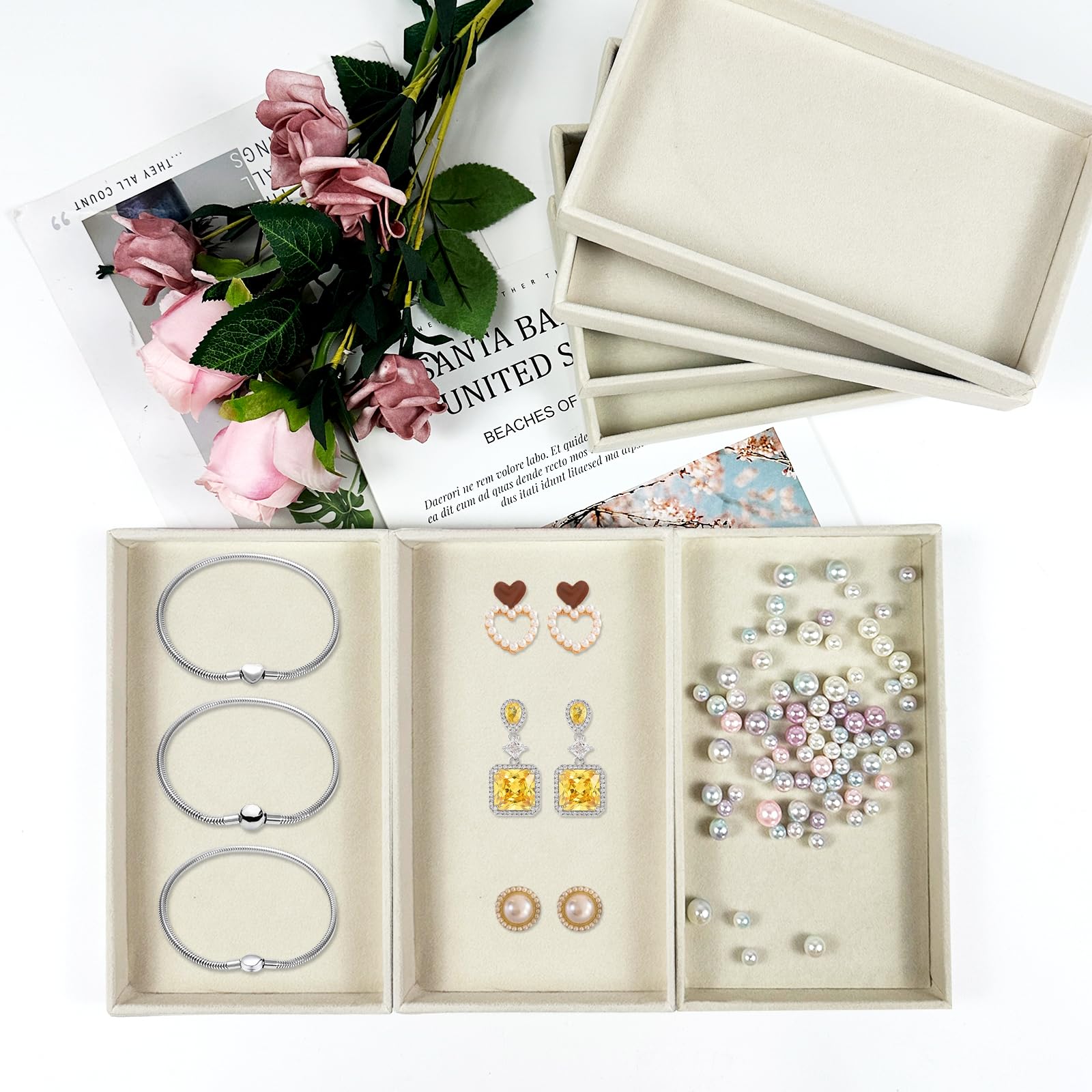 Lot de 12 plateaux à bijoux en velours de qualité supérieure, empilables, de 21,1 x 12,7 x 2,5 cm, inserts organisateurs de tiroirs à bijoux pour femmes et filles, plateaux de rangement et