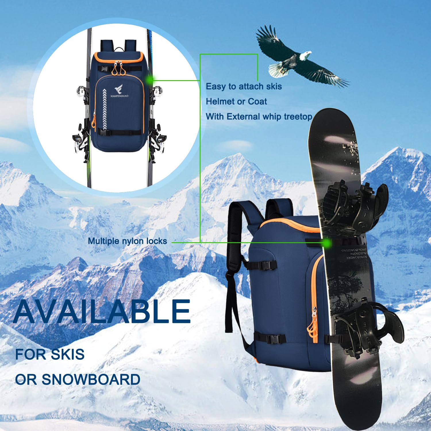 Skischuhtasche, 50L Skischuh Reiserucksack, wasserdichte Ski- und Snowboardstiefel, Skifahren und Snowboard Reisegepäck für Skihelm, Schutzbrille, Snowboard, Handschuhe & Zubehör (Dunkelblau)