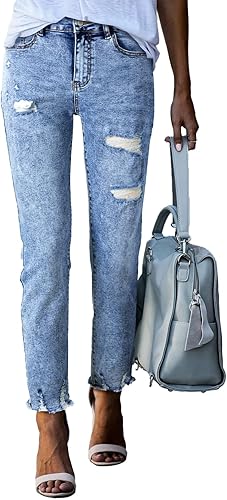 EVALESS Women's High Waisted Tummy Control Straight Ankle Ripped Jeans