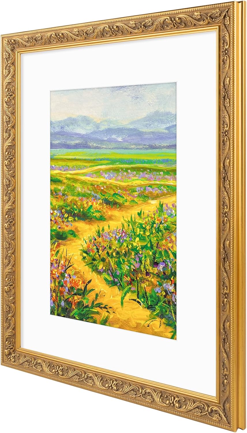 Golden State Art,12x16 Ornate Picture Frame for 8x12 Photo With Mat or 12 x 16 Prints Without Mat, Real Glass Wall Display Horizontally or Vertically (Color:Vintage Gold)