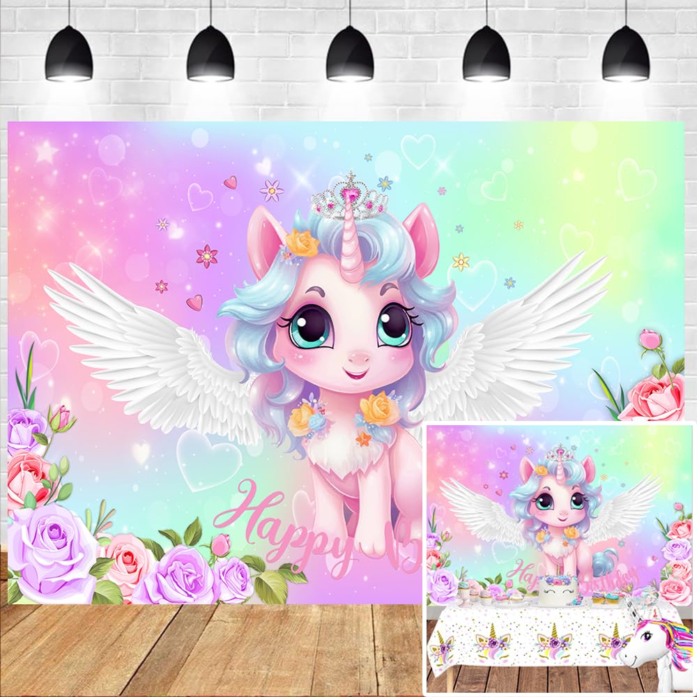LTLYH Unicorn Birthday Backdrop for Girls – 7x5ft Pastel Rainbow Wings Pony Party Banner with Flowers & Crown, Happy Birthday Photo Background for