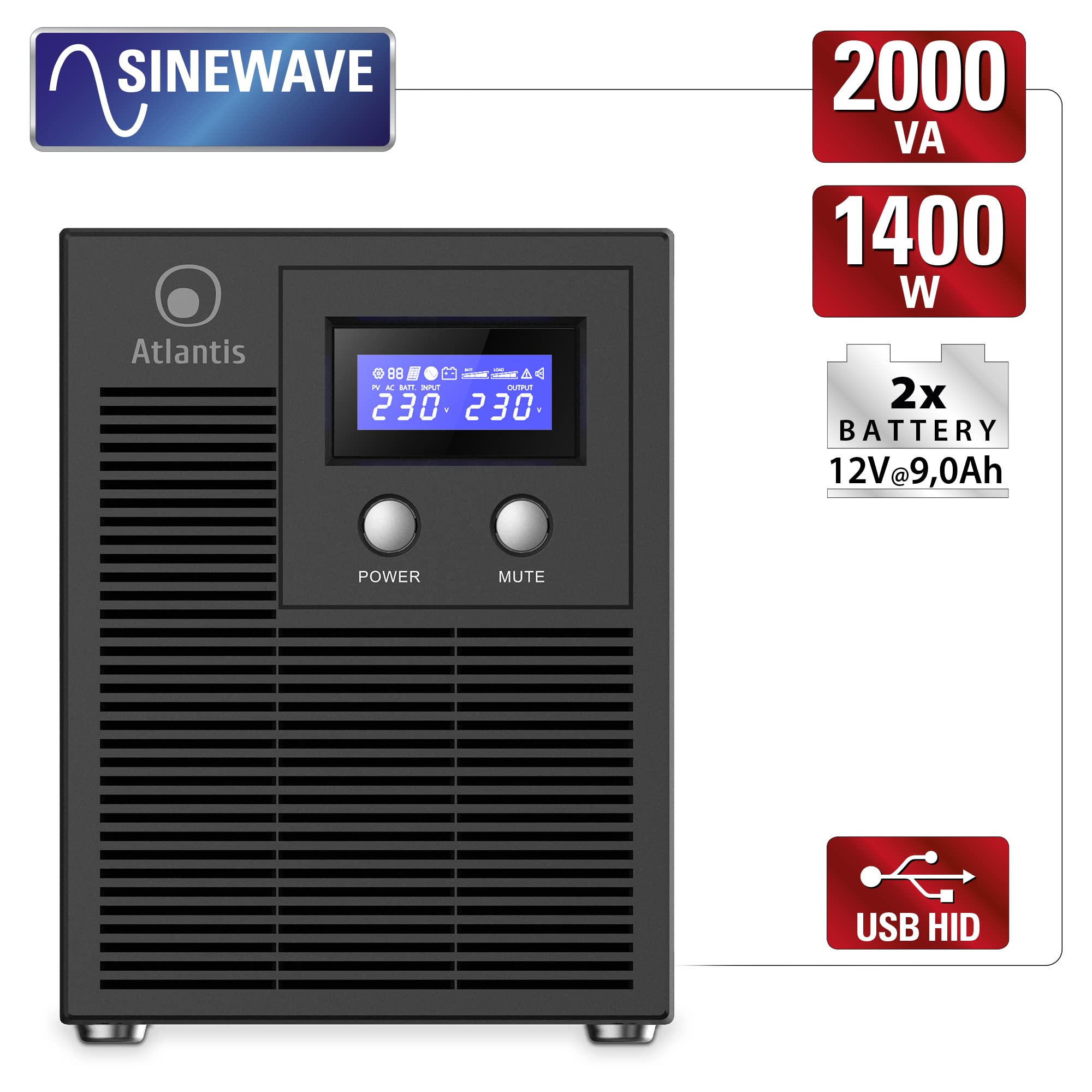 Atlantis A03-HP3003P Gruppo di Continuità Onda Sinusoidale Pura 2000VA 1400W Line Interactive, display LCD, porta USB-HID, 6 uscite IEC, 2 batterie 12V-9Ah, porta seriale RS232, slot per SNMP, softwar