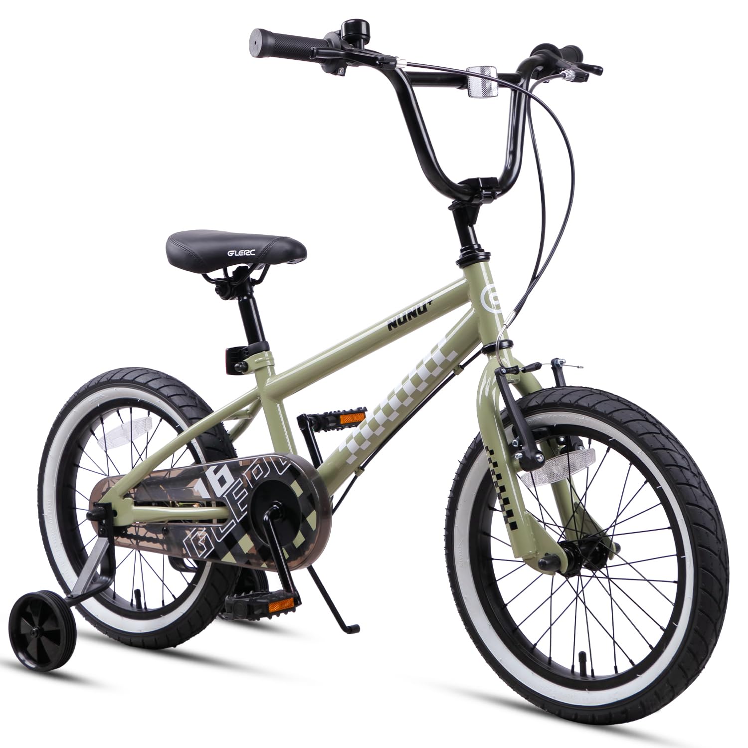 Glerc NuNu 16 Inch Kids Boys Bike BMX Style for 4 5 6 7 8 Years Old, Children Bicycles with Dual Handbrakes, Stabilisers & Kickstand & Adjustable Handlebar/Saddle, Army Green