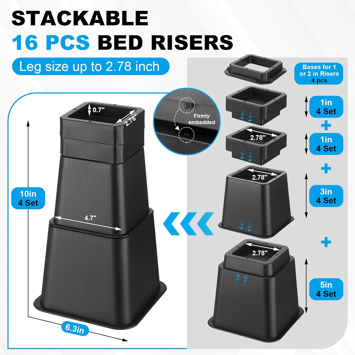 Relaxweex 20 Pcs Bed Risers Heavy Duty Elevation in Heights 1-10 Inch, Adjustable Furniture Risers for Chair Table Desk Legs Lifting Sofa, Bed Frame Legs Dorm