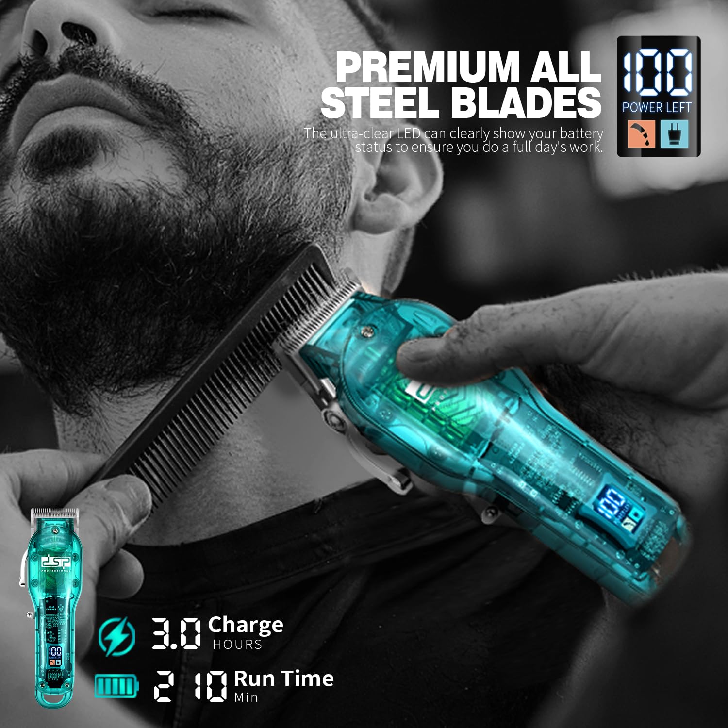 Dsp® coupe - cheveux pour hommes, kit tondeuse ensemble professionnel de coiffeur pour la Coupe des cheveux et de la barbe, tondeuse à barbe à pas zéro avec affichage LED (bleu)