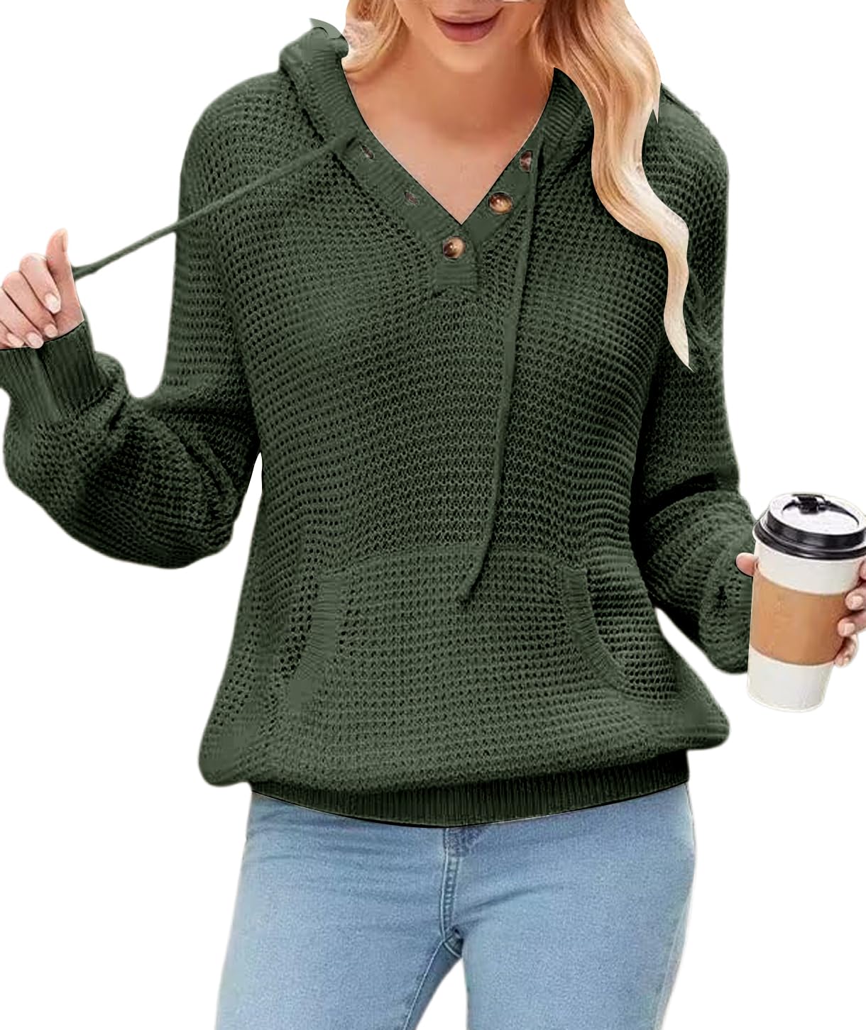 TrendiMax Sweat à Capuche en Tricot pour Femme - Boutonnière - Col en V - Pull à Manches Longues - Automne et Hiver - Haut avec Capuche