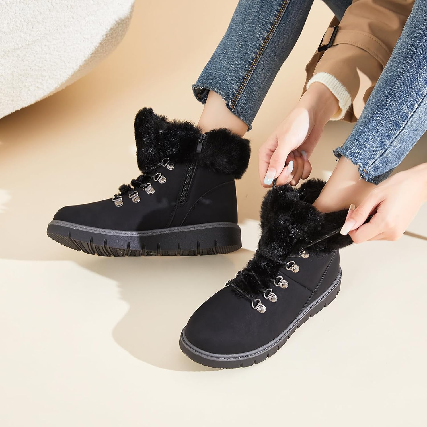 hash bubbie Women's Winter Boots Ankle Booties for Women Warm Fuzzy Boots Lace up PU Leather Snow Boots with Zipper