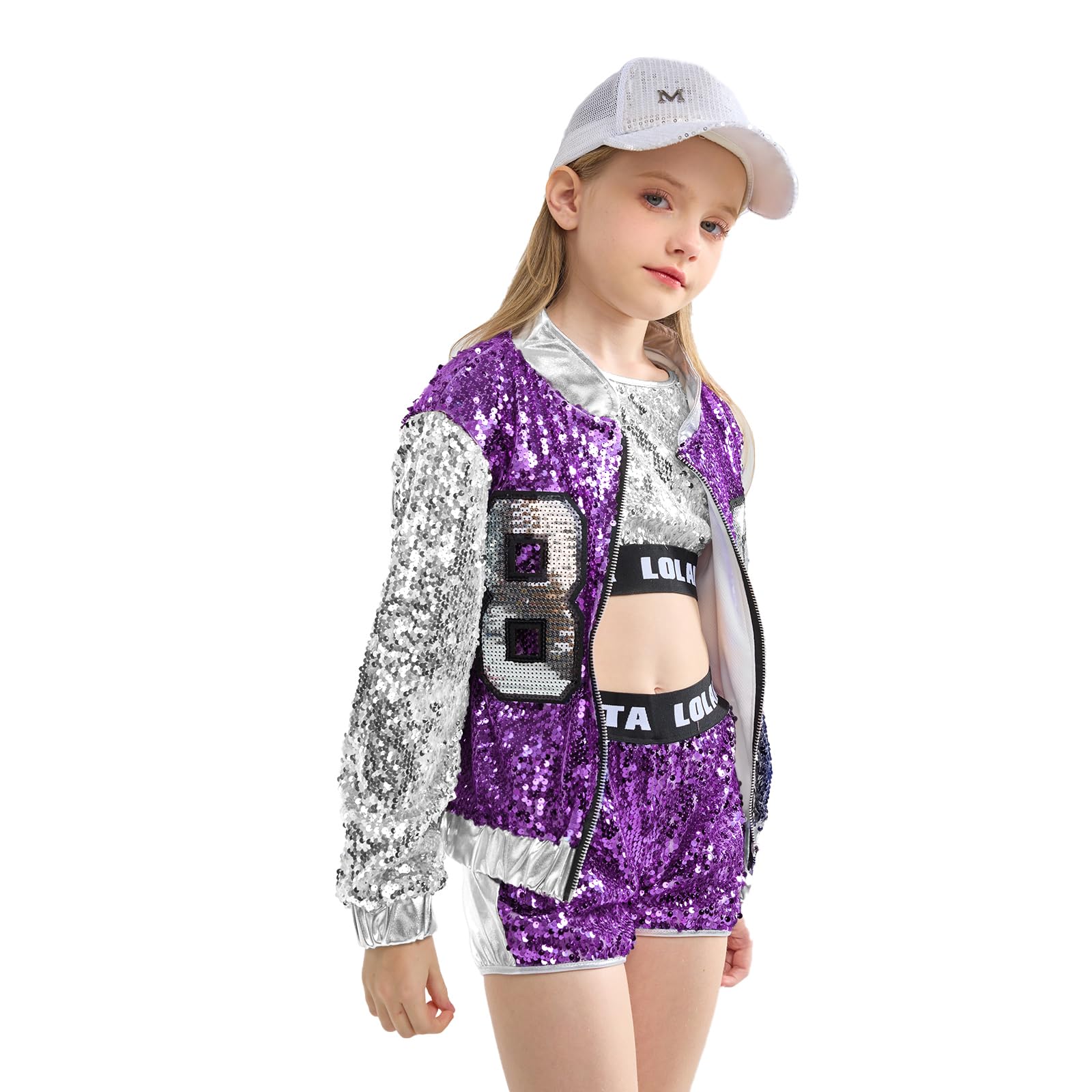 LOLANTA 4 Pcs Filles Paillettes Danse Costume Enfants Hip Hop Stree Dance Vêtements Ensemble Attacher des Chaussettes, 4-15 ans